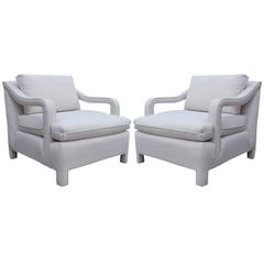 Striking Pair of Fully Upholstered Open-Arm Lounge Chairs