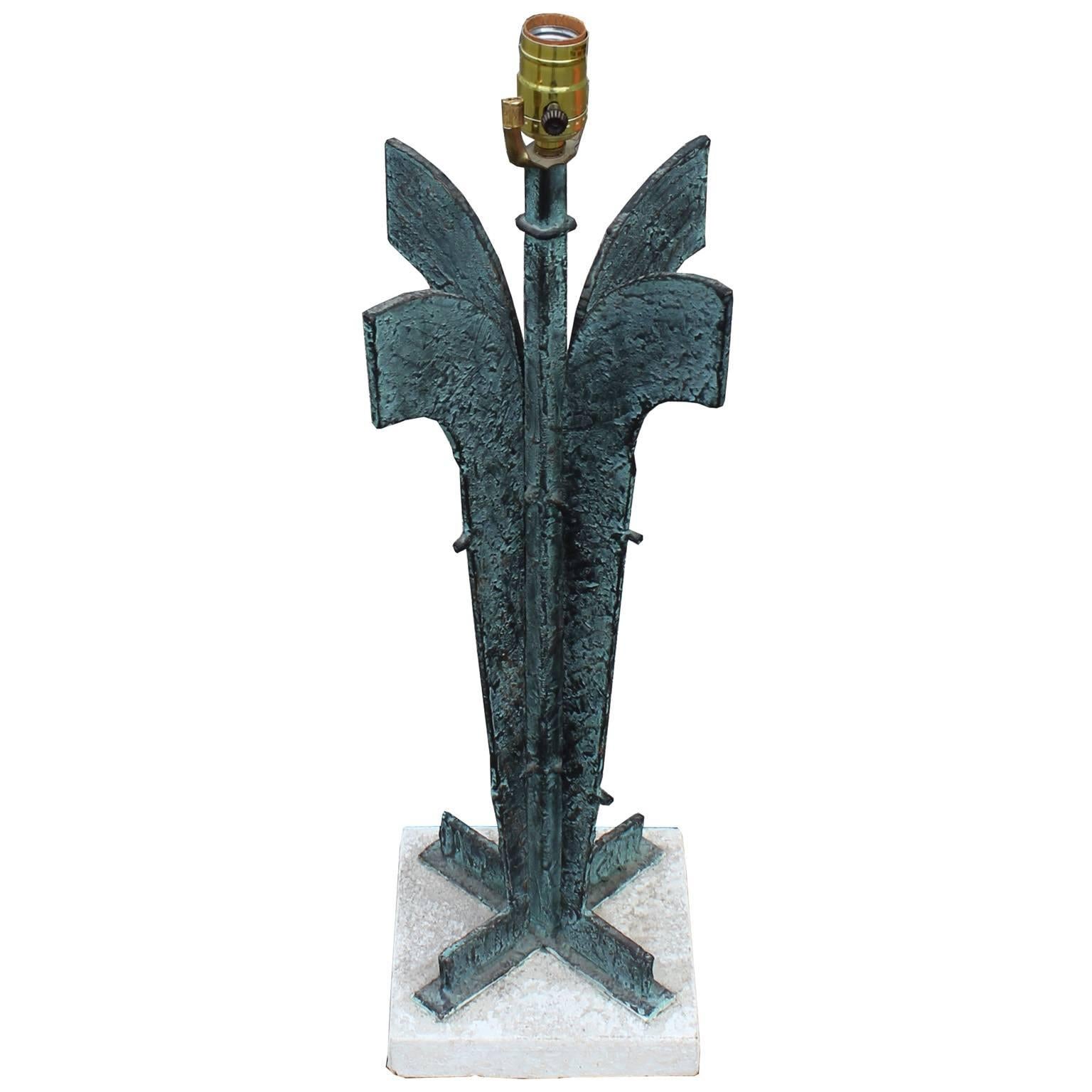 Modern Brutalist Bronze Iron and Stone Table Lamp  In Excellent Condition In Houston, TX