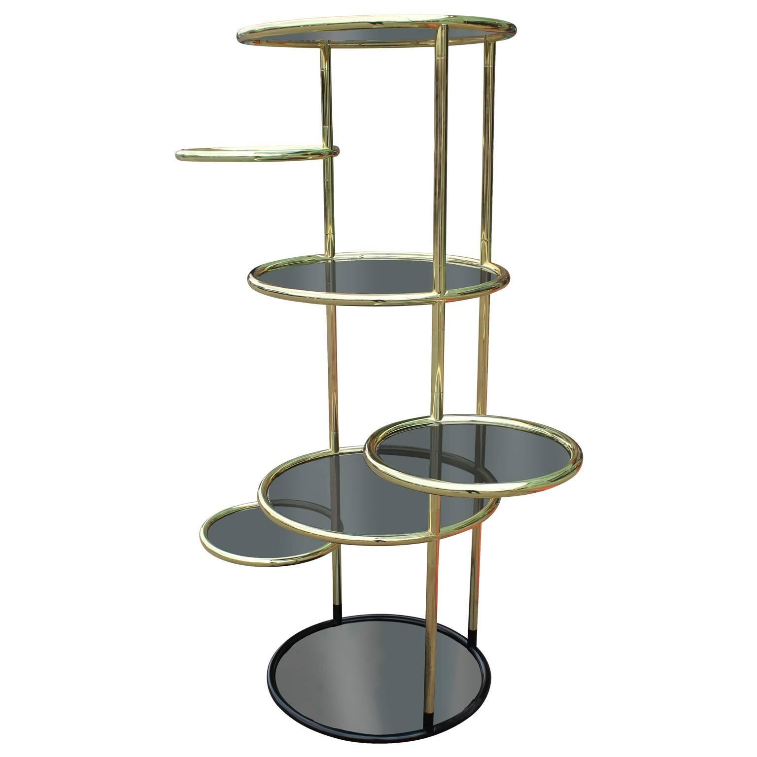 Brass and Smoked Glass Swivel Etagere In Good Condition In Houston, TX