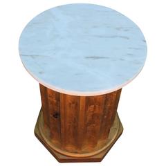 Modern Scalloped Gold Leaf and White Marble Column Side Table / Cabinet