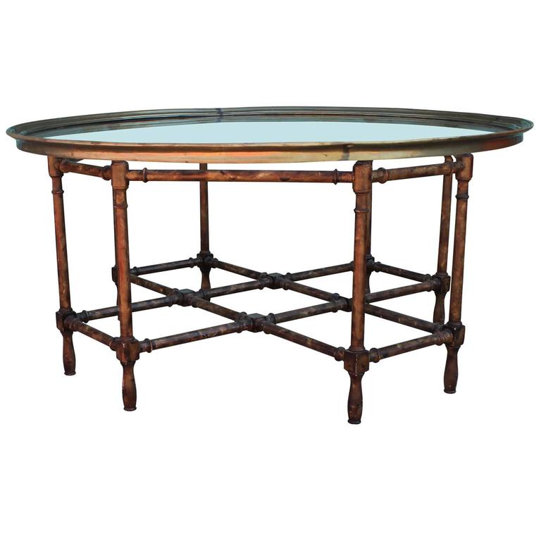 Modern Faux Bamboo Glass Tray Topped Coffee Table by Baker with Brass