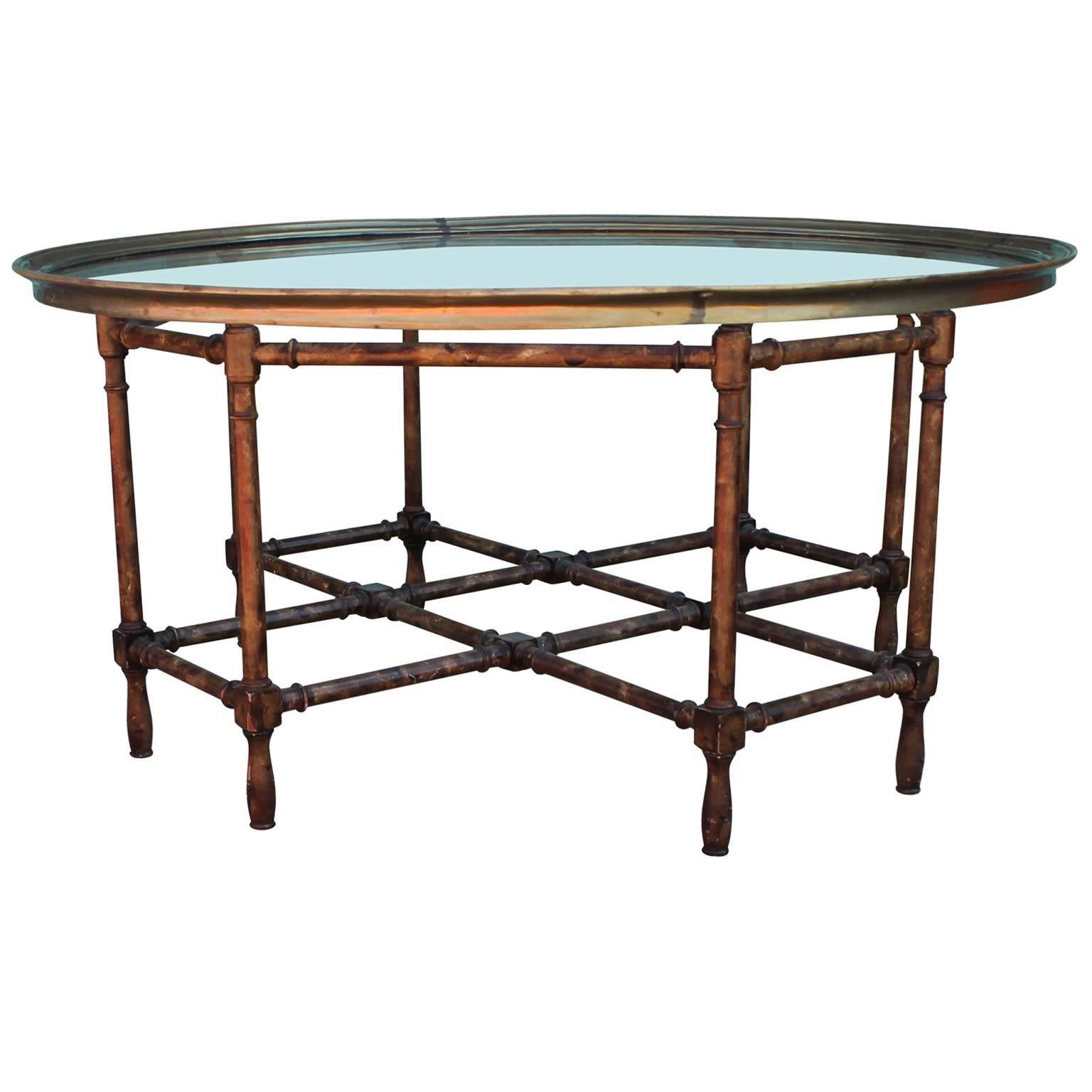 Modern Faux Bamboo Glass Tray Topped Coffee Table by Baker with Brass Accents