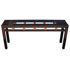 Modern Brass and Burl Parsons Style Rectangular Console Table with Smoked Glass