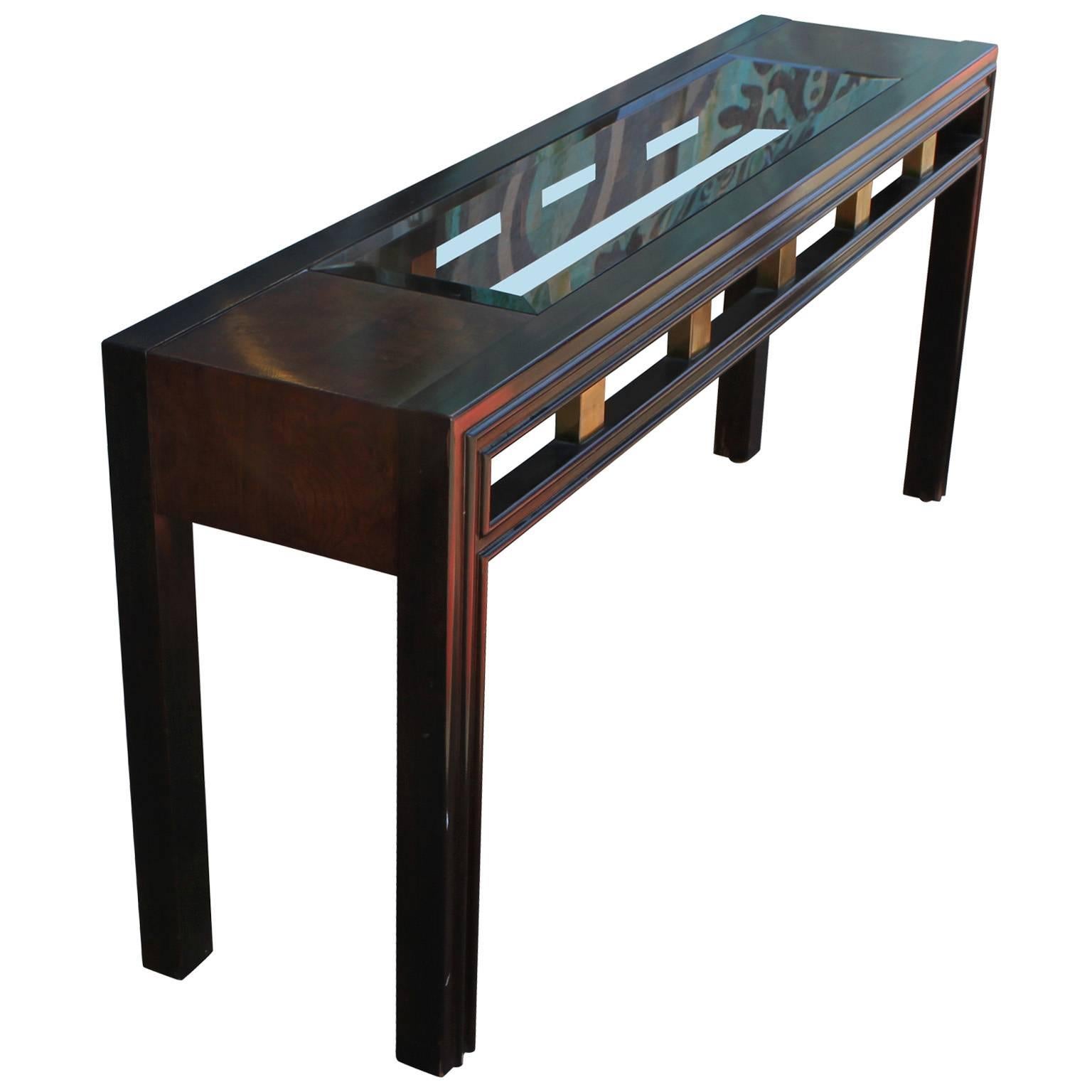 American Modern Brass and Burl Parsons Style Rectangular Console Table with Smoked Glass