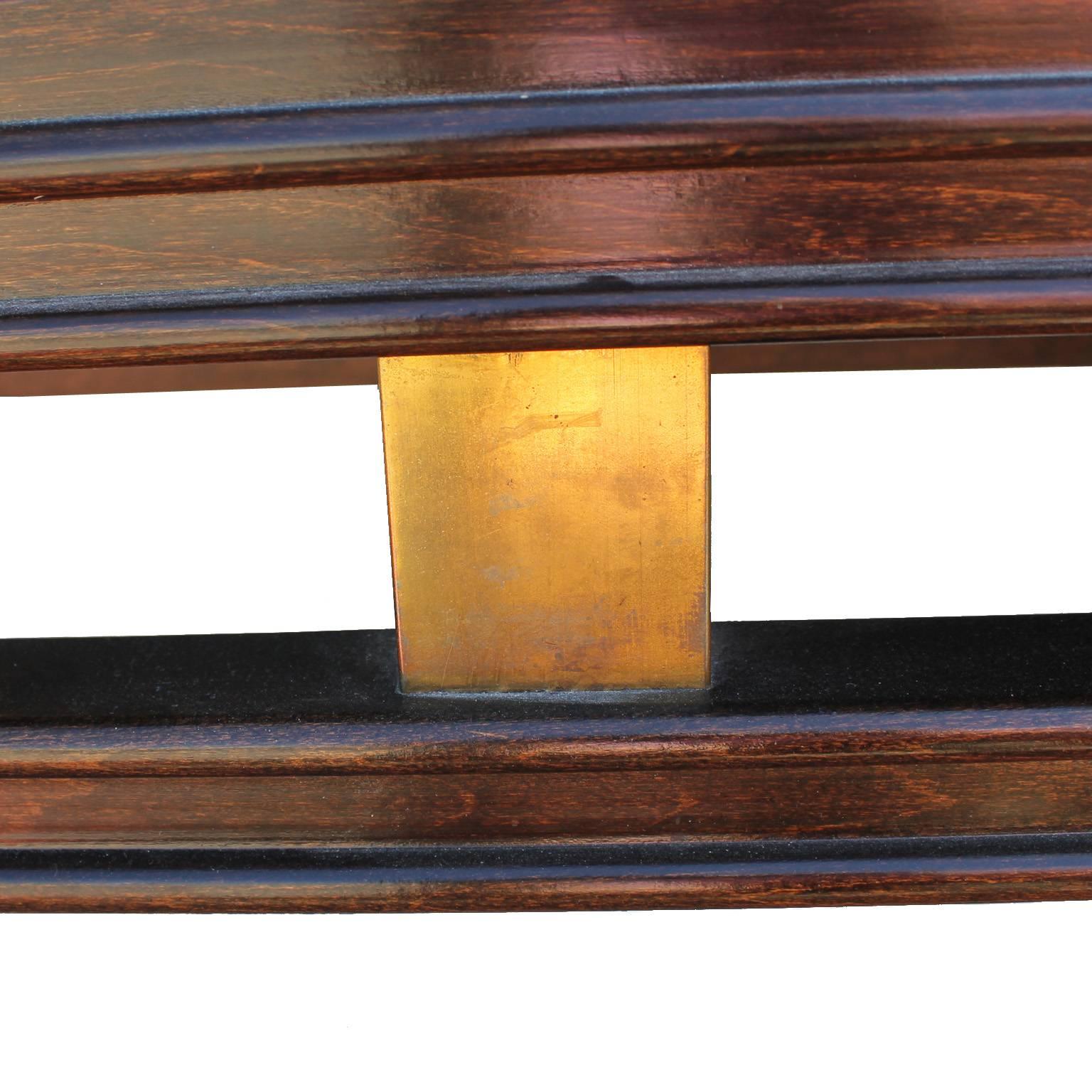 Inlay Modern Brass and Burl Parsons Style Rectangular Console Table with Smoked Glass