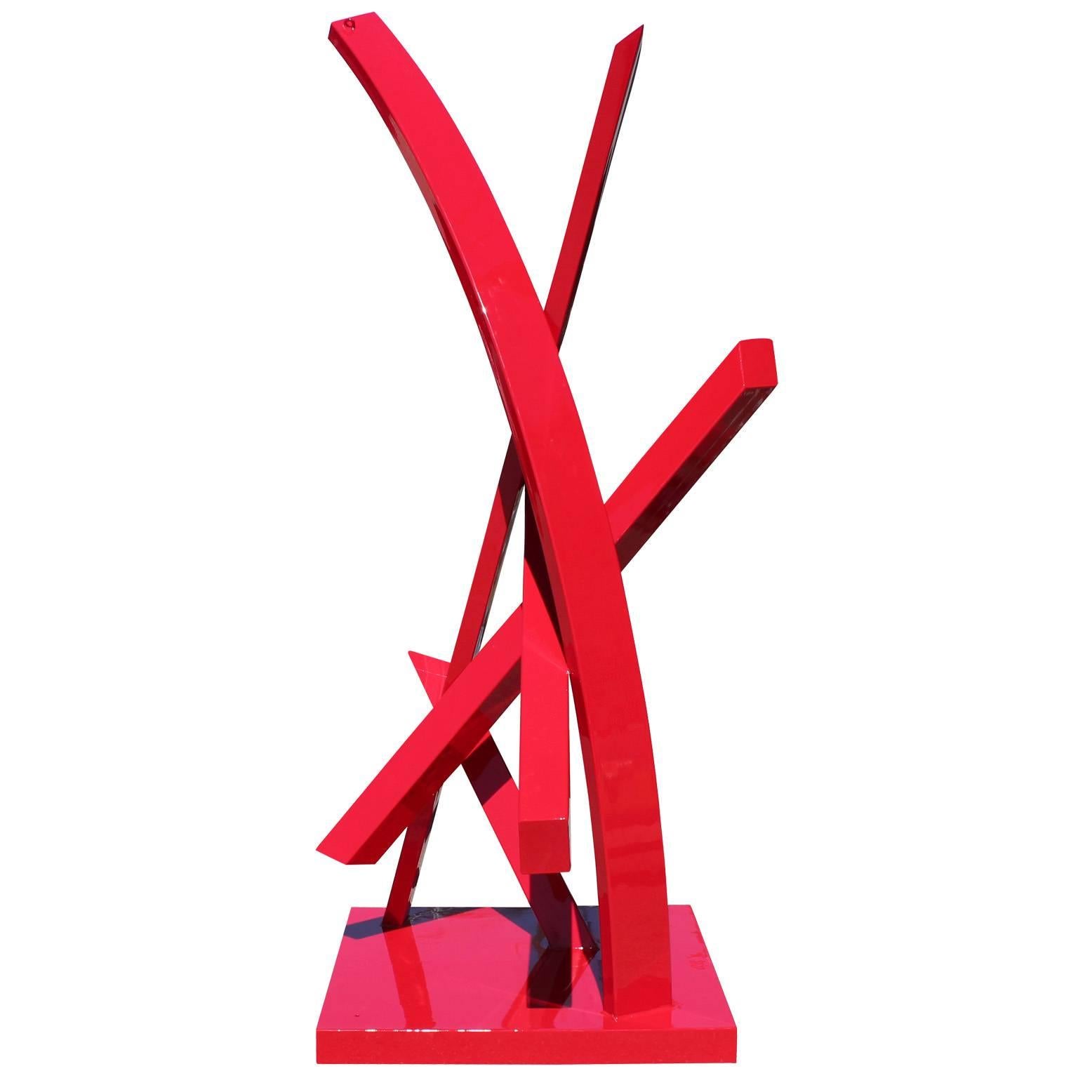 Huge 8ft tall red powder coated steel abstract sculpture. The sculpture is stunning in person and adds visual interest from all angles. The piece has been industrially powder coated and should last many many years in all weather types. Could also be