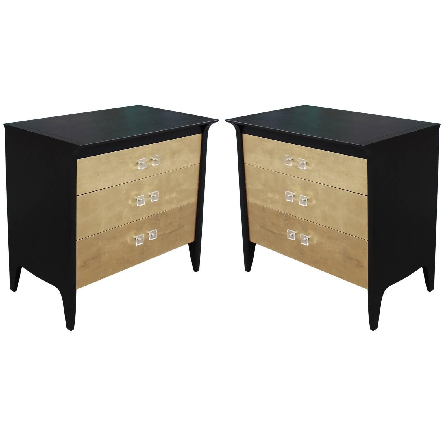 Glamorous Pair of Bachelor Chests with Gold Leaf and Lucite Accents at 1stDibs