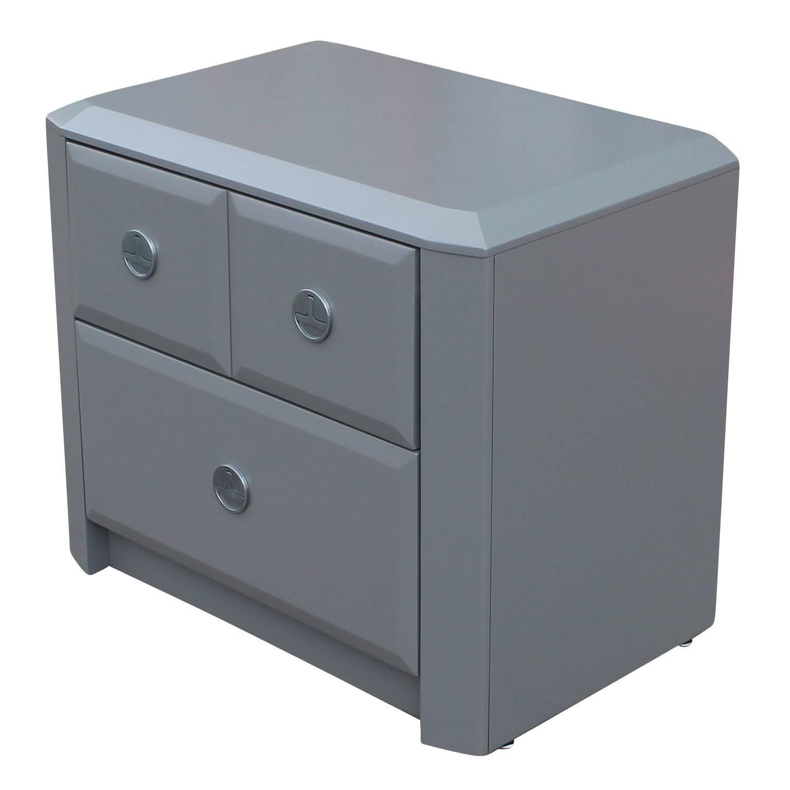 American Pair of Modern Grey Lacquered Gem Cut Two Drawer Nightstands