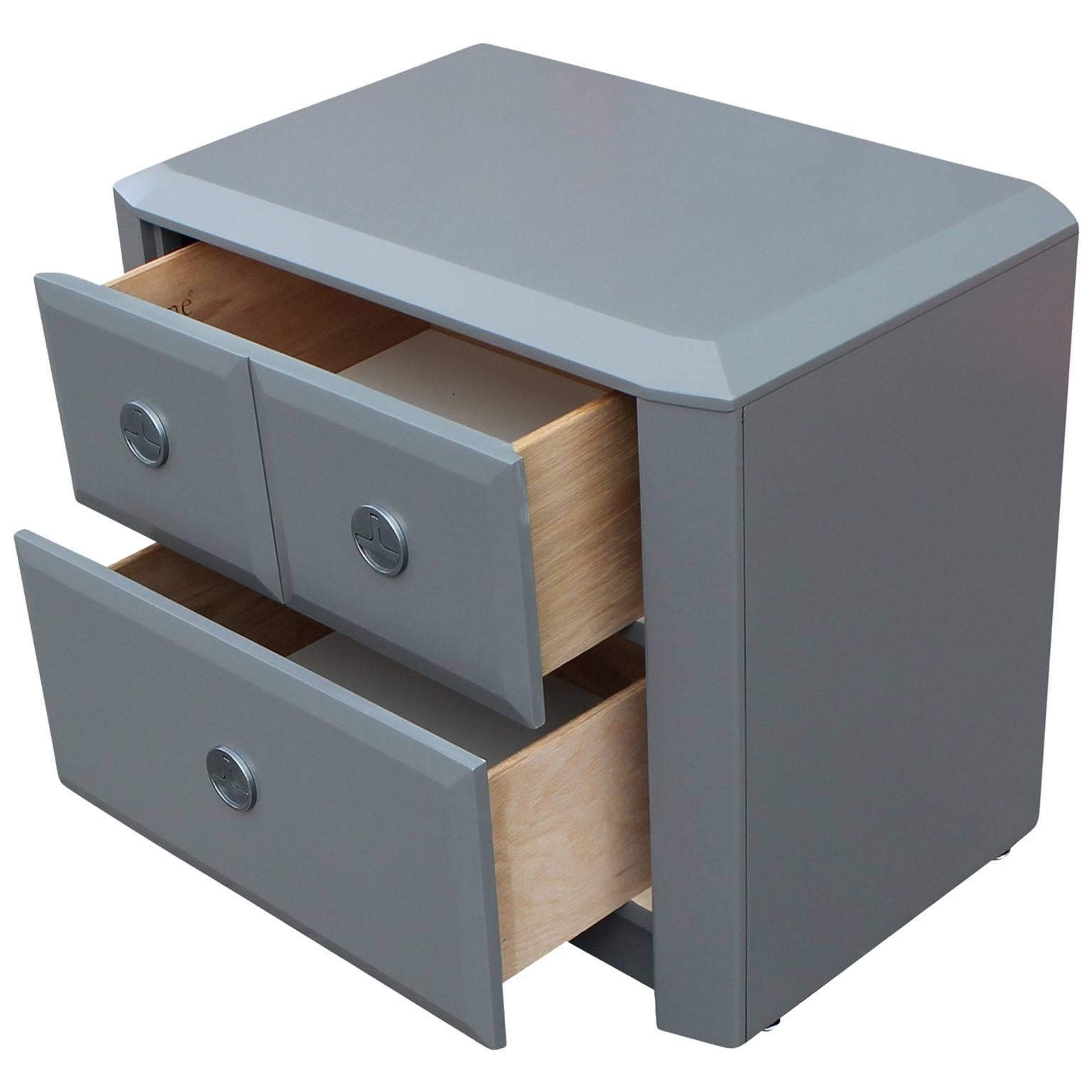 Brushed Pair of Modern Grey Lacquered Gem Cut Two Drawer Nightstands