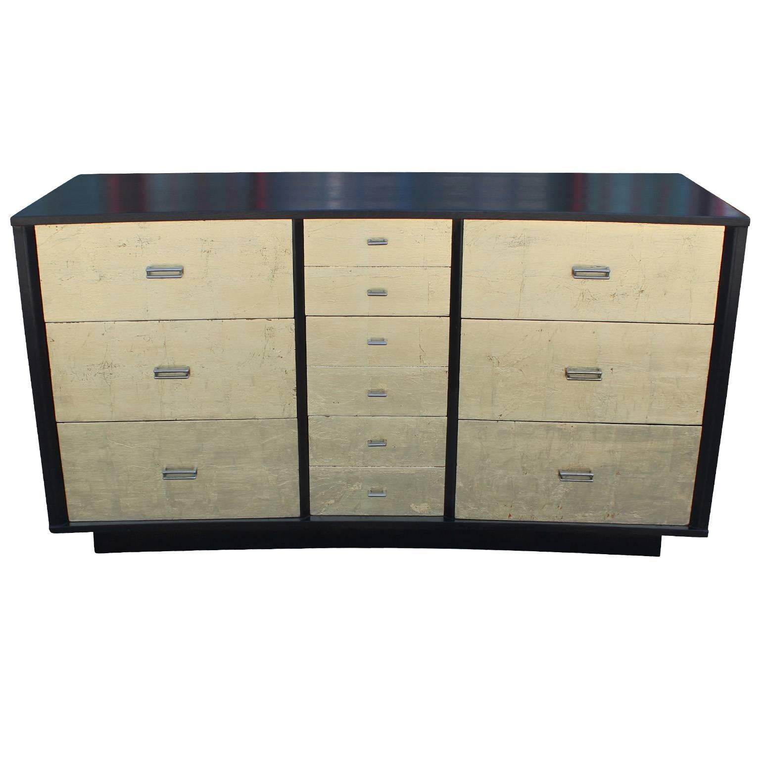 Hollywood Regency Fabulous Modern Curved Gold Leaf and Ebonized Nine Drawer Dresser