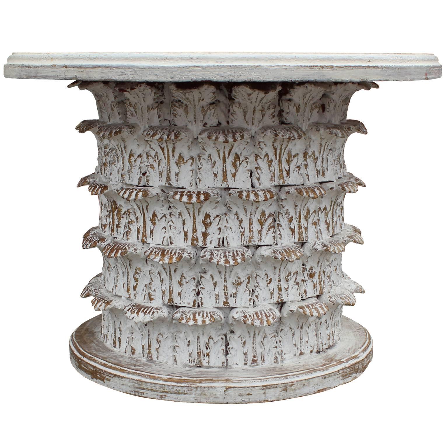 Wonderful gesso Italian side table. Round side table resembles a Corinthian capitol. Gesso with gold accent gives a rustic look.