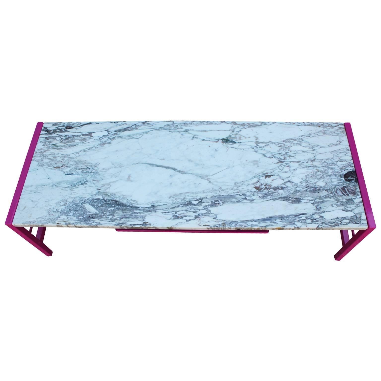 Mid-Century Modern Modern Carrara Rectangular Coffee Table with Marble Top and Hot Pink Base
