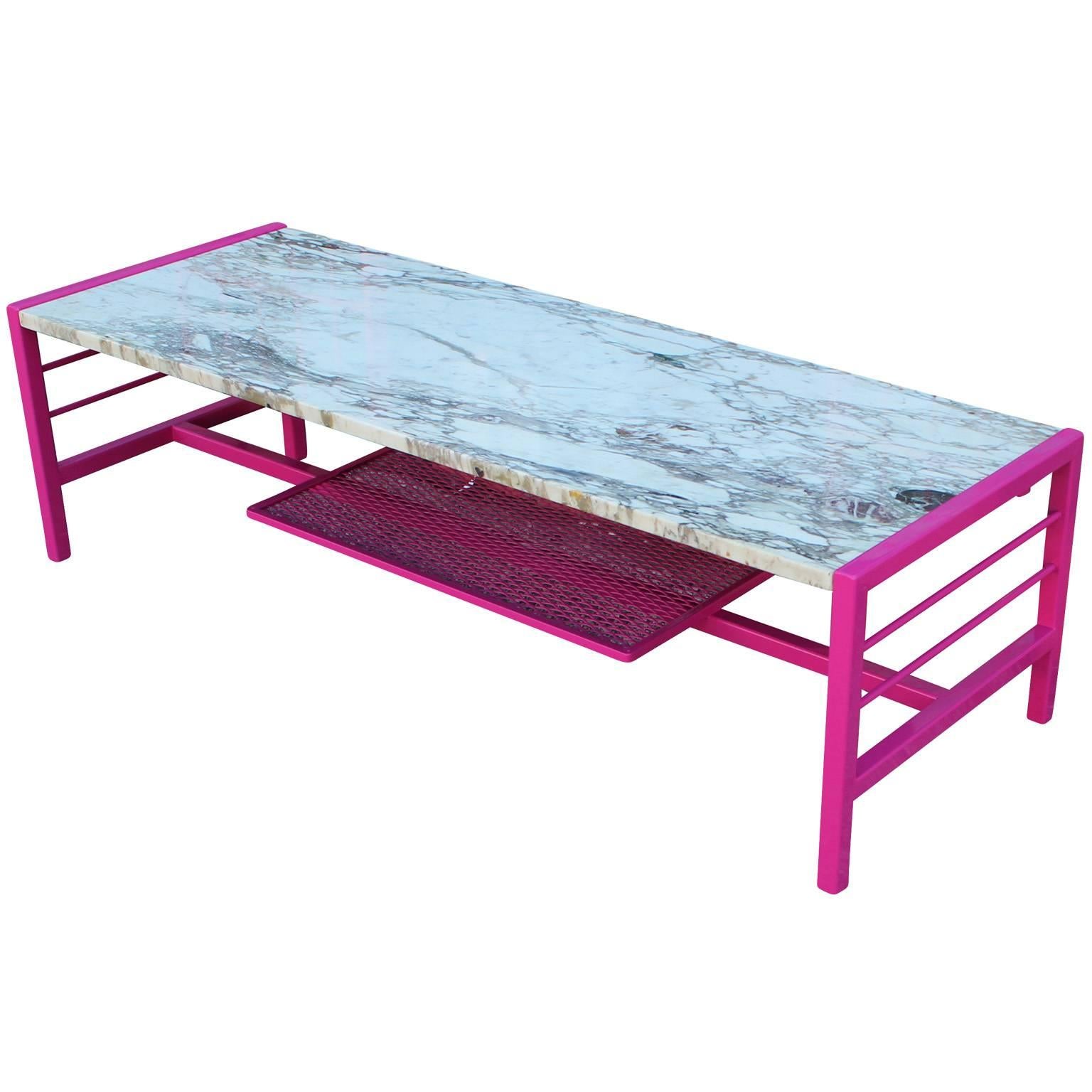 Modern Carrara Rectangular Coffee Table with Marble Top and Hot Pink Base