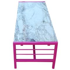 Modern Carrara Rectangular Coffee Table with Marble Top and Hot Pink Base