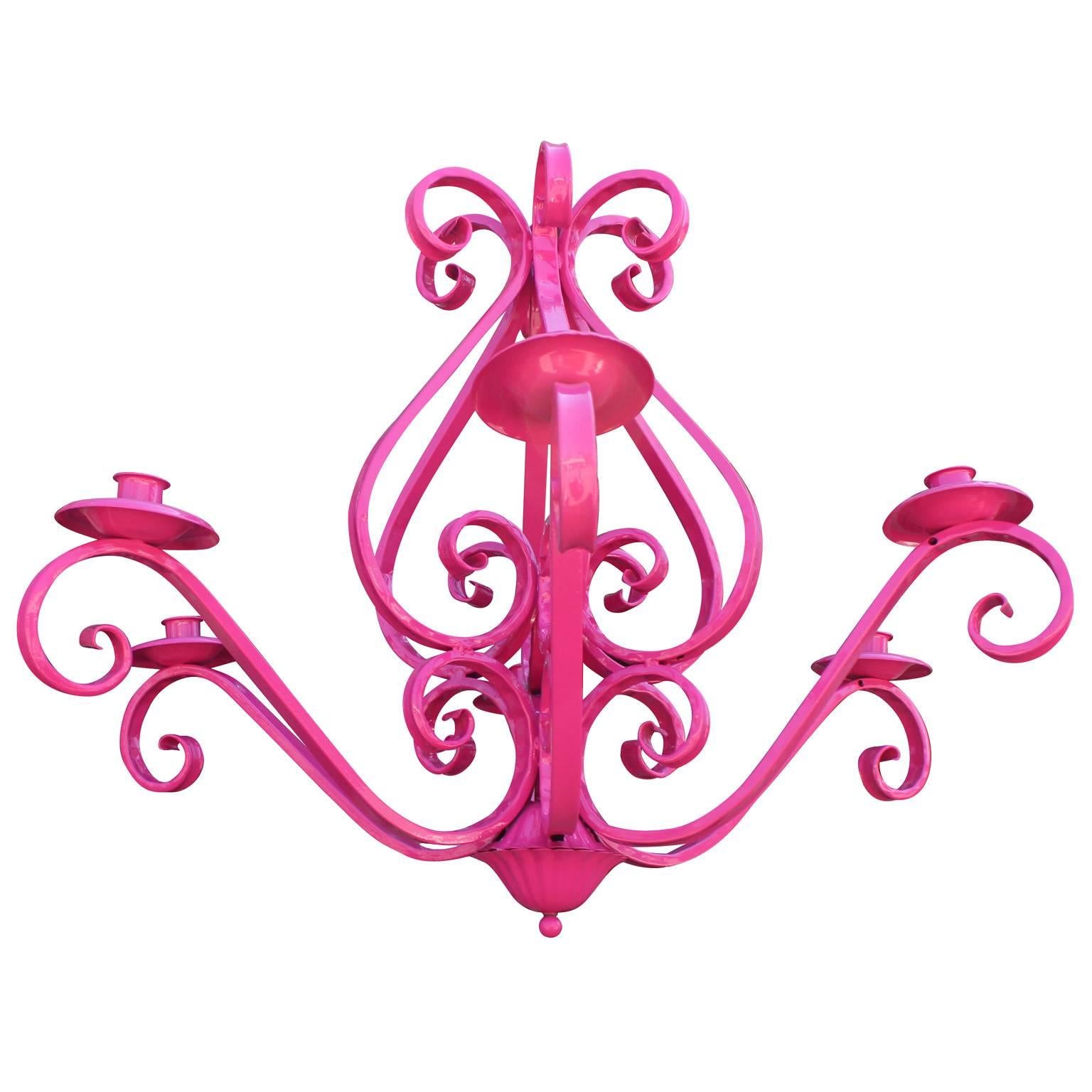 Playful chandelier in a glossy hot pink powder coating. Chandelier adds the perfect pop of color to any space.