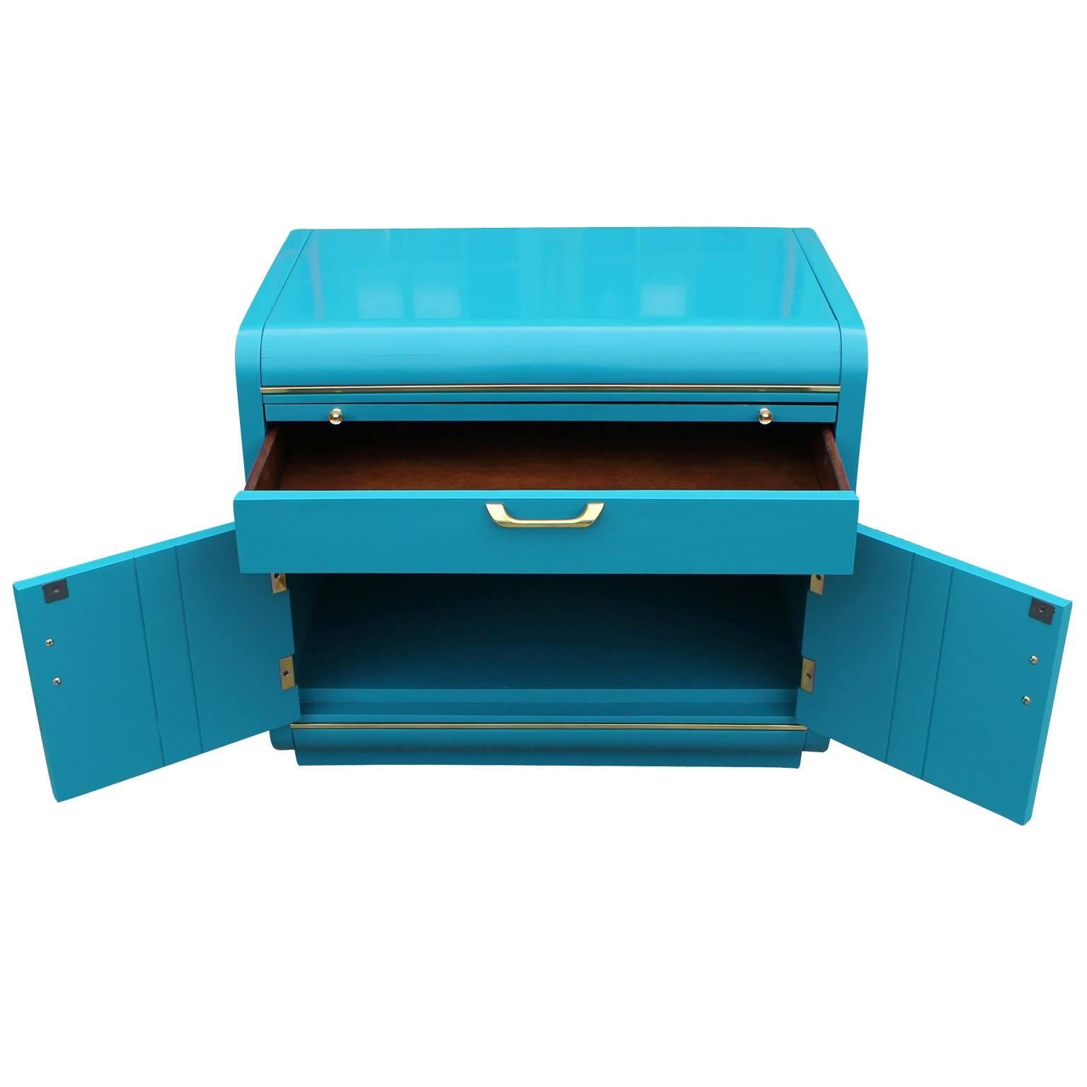Late 20th Century Pair of Modern Turquoise Lacquer and Brass Hardware Night Stands