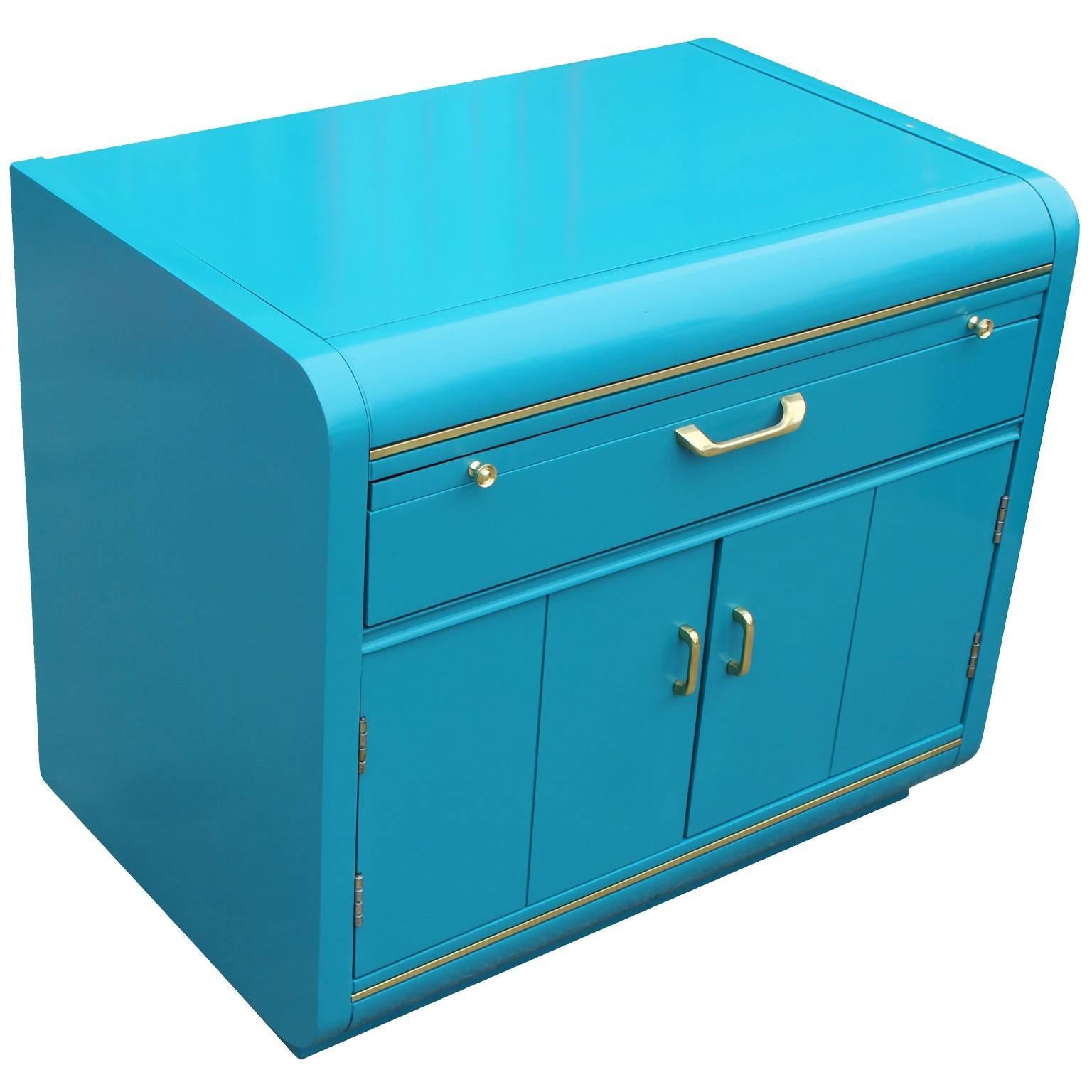 American Pair of Modern Turquoise Lacquer and Brass Hardware Night Stands