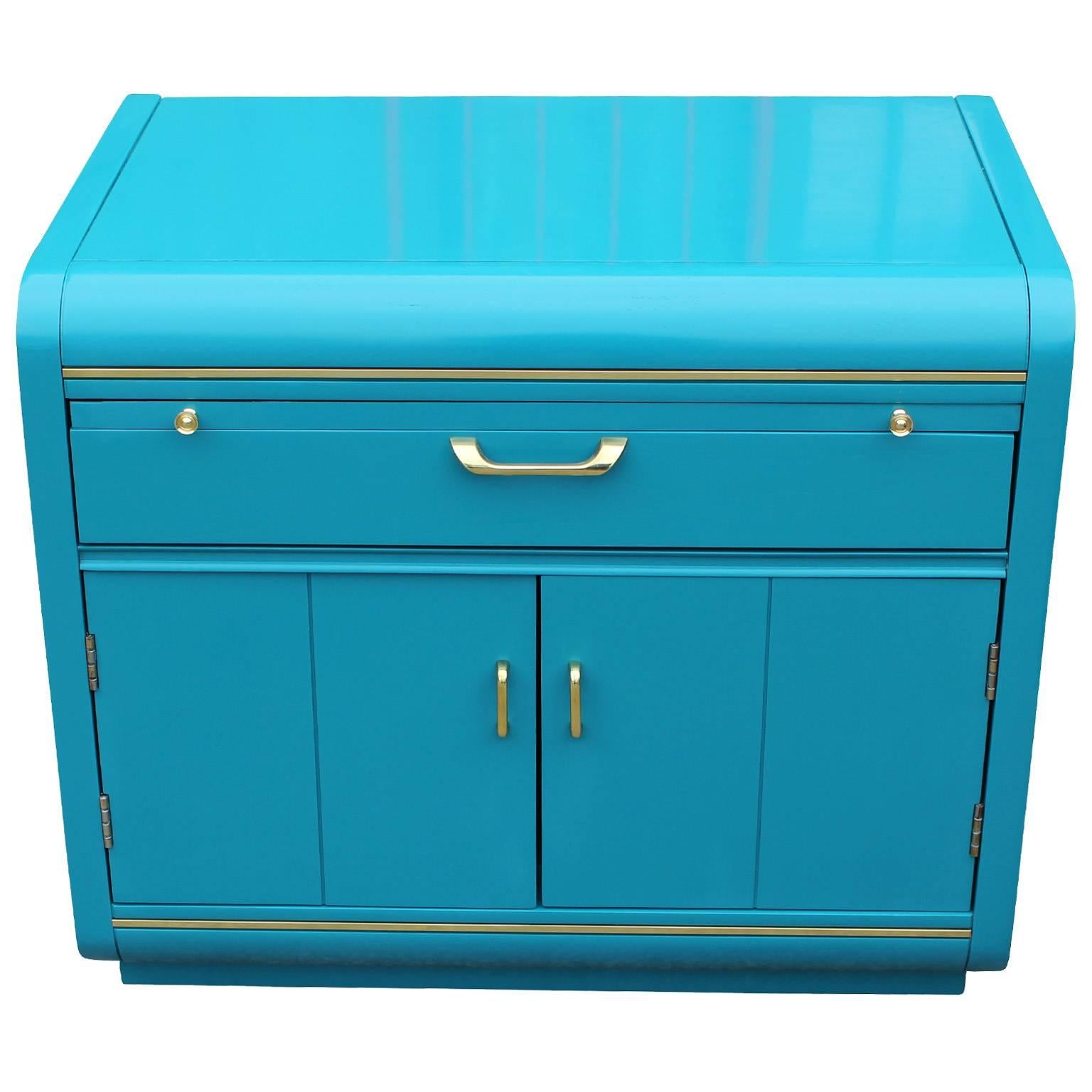 Mid-Century Modern Pair of Modern Turquoise Lacquer and Brass Hardware Night Stands