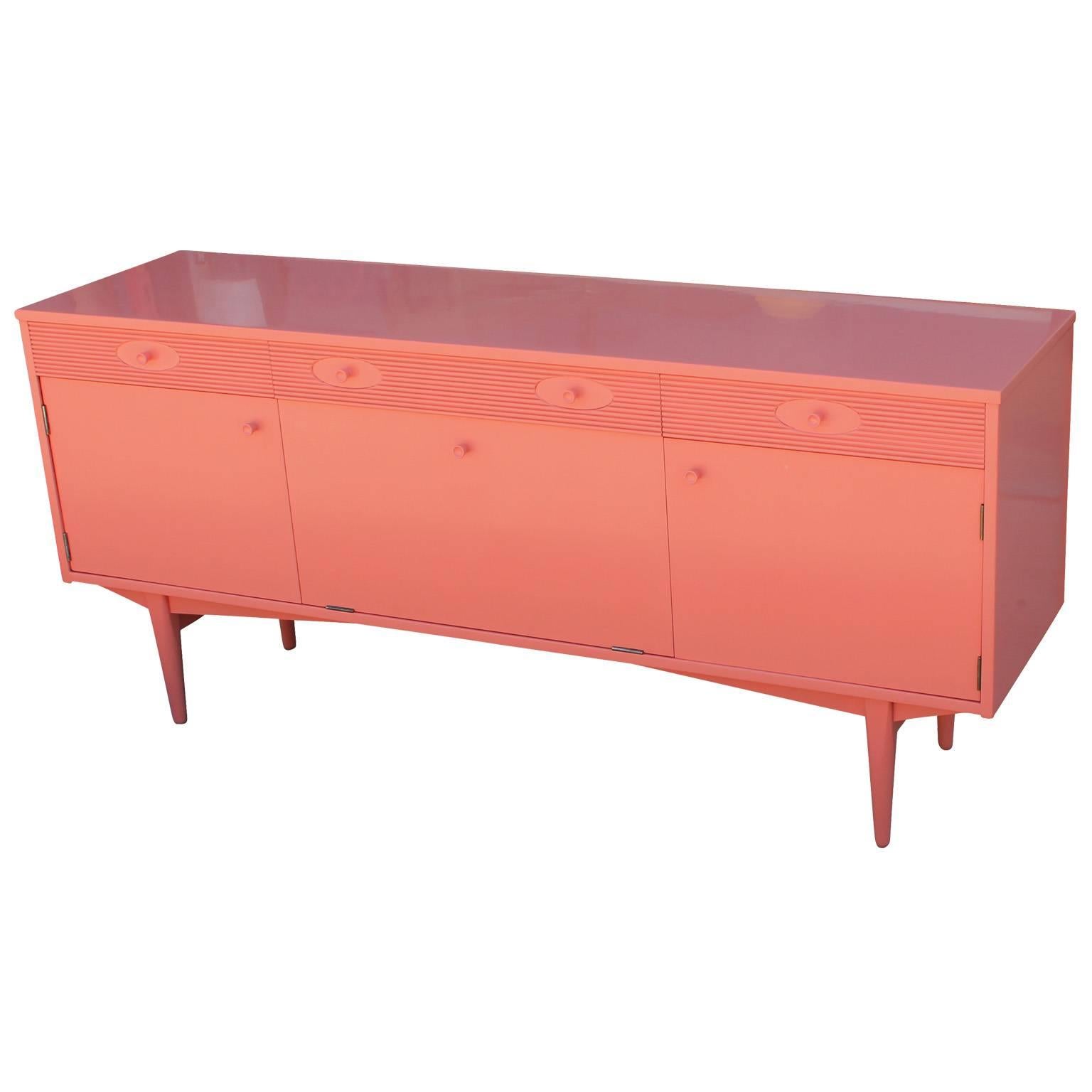 Mid-Century Modern Stunning Glossy Coral Lacquered Sideboard