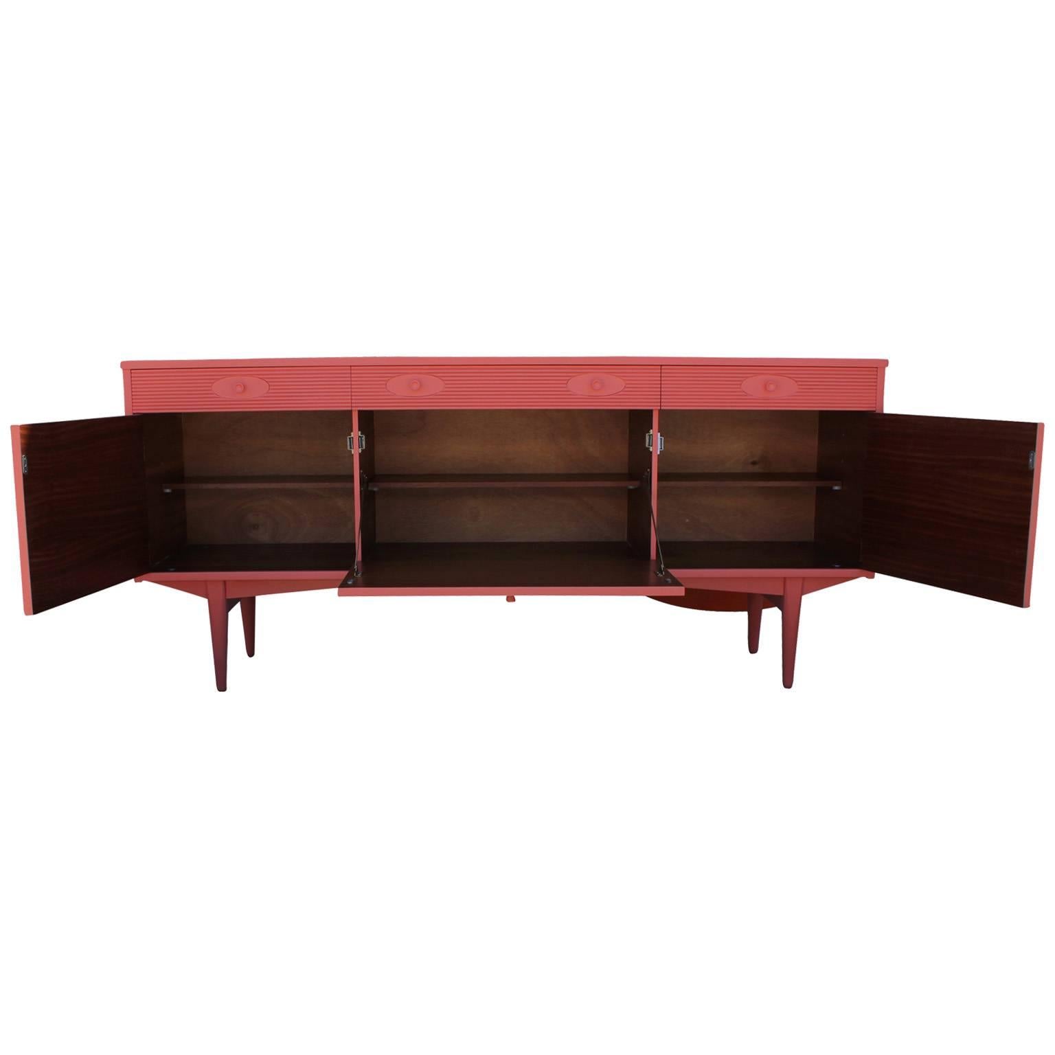 European Stunning Glossy Coral Lacquered Sideboard