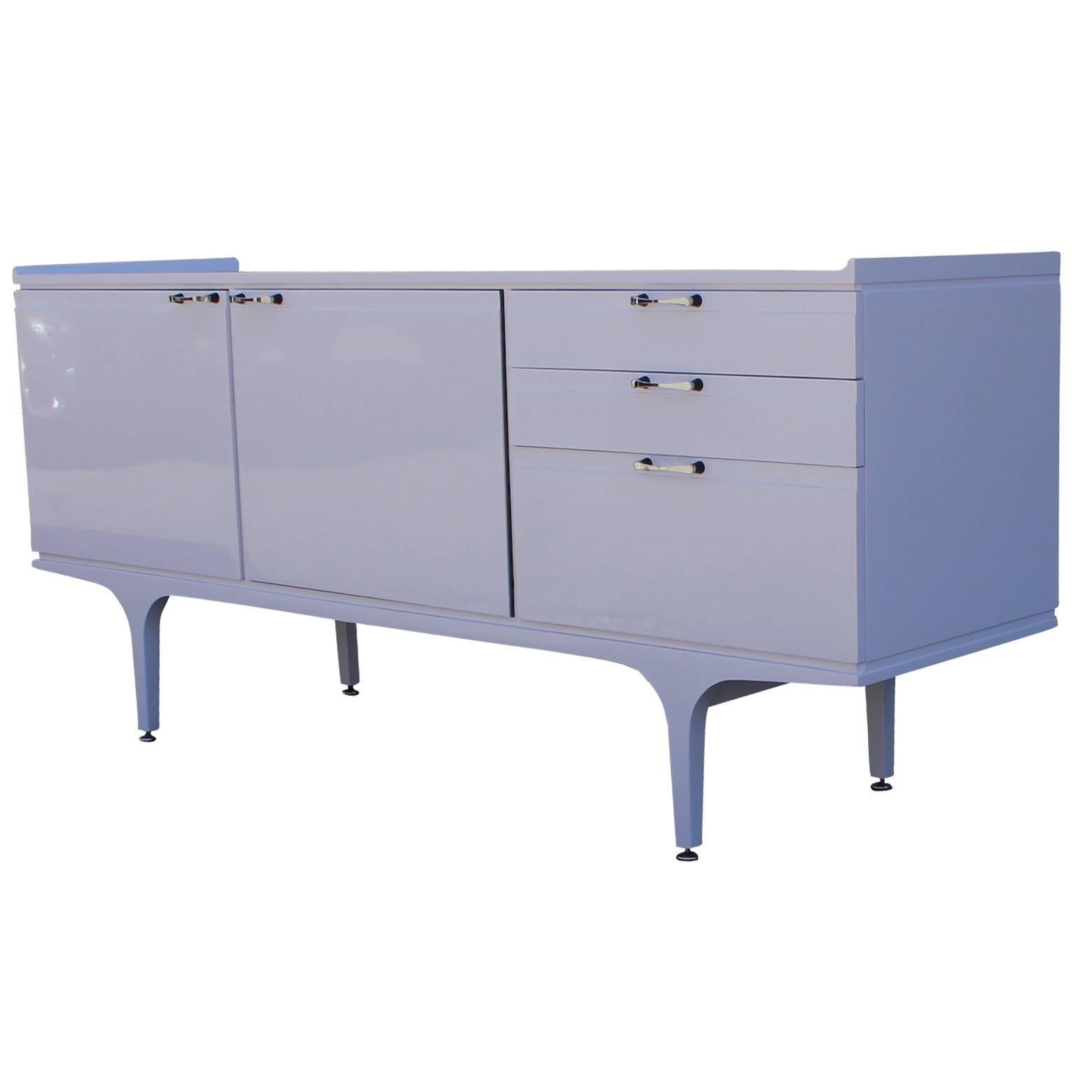European Luxe Pale Lavender Lacquered Sideboard with Chrome Hardware