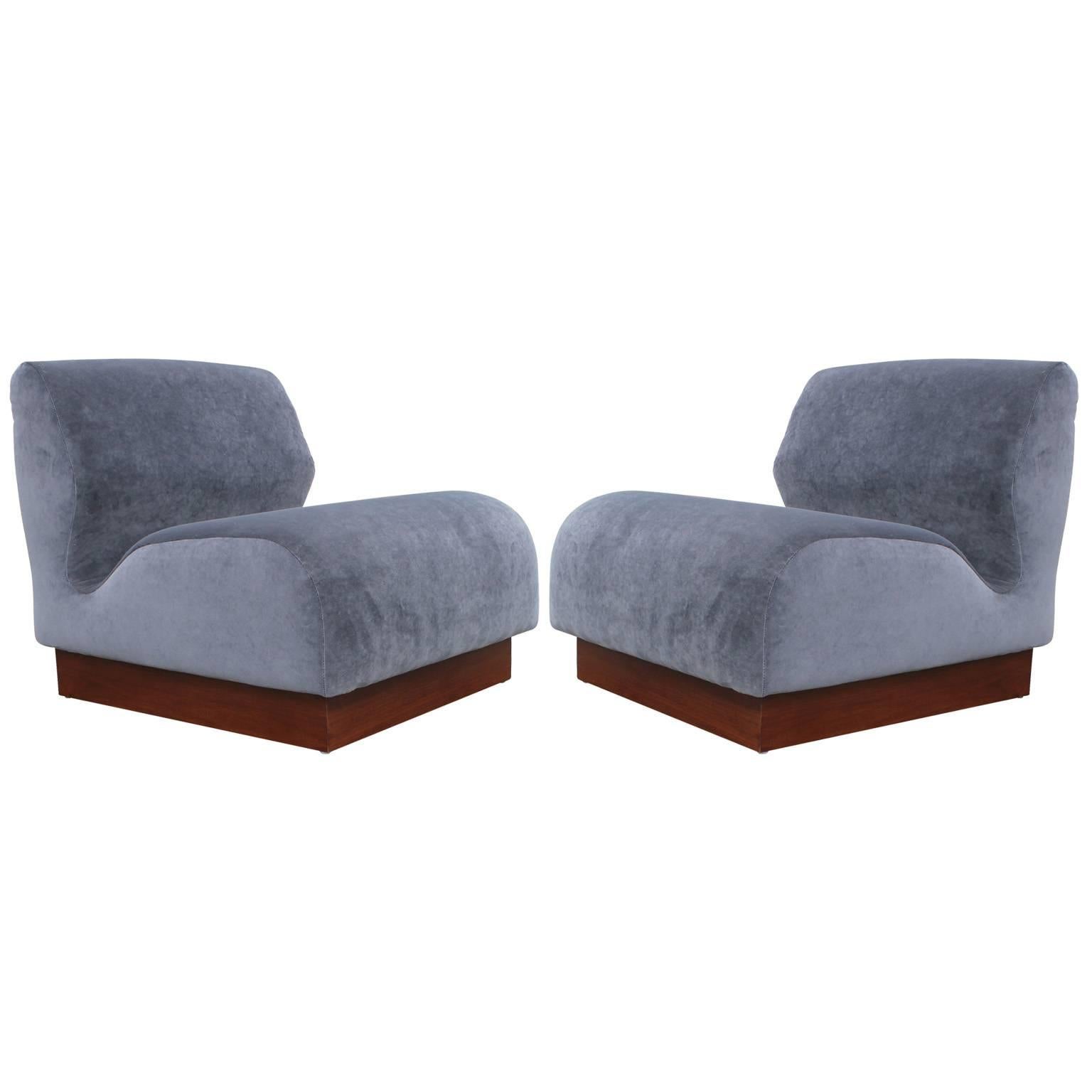 Organic Pair of Slipper Chairs in Grey Velvet