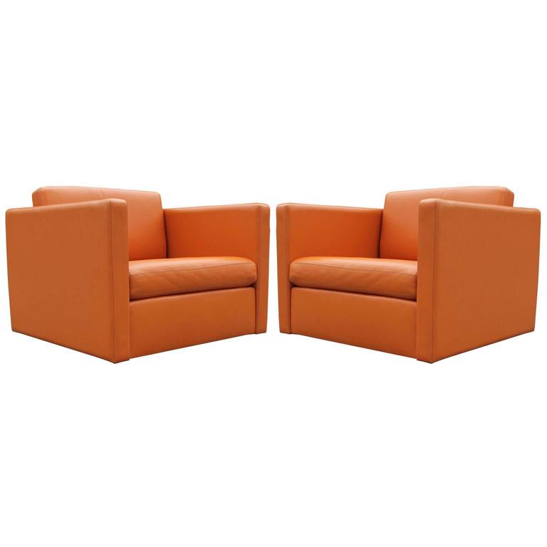 Pair of Charles Pfister for Knoll Club Chairs in Orange Leather at 1stDibs