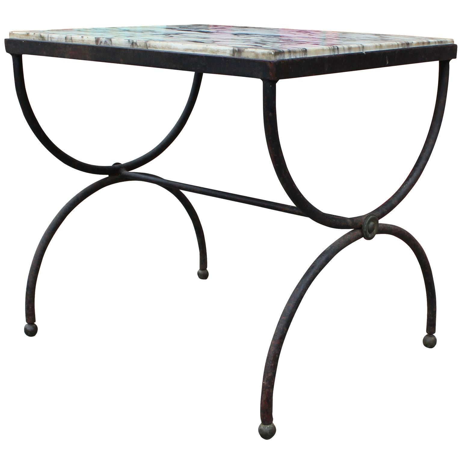 Hollywood Regency Lovely Pair of Wrought Iron and Marble Cerule Modern Side Tables
