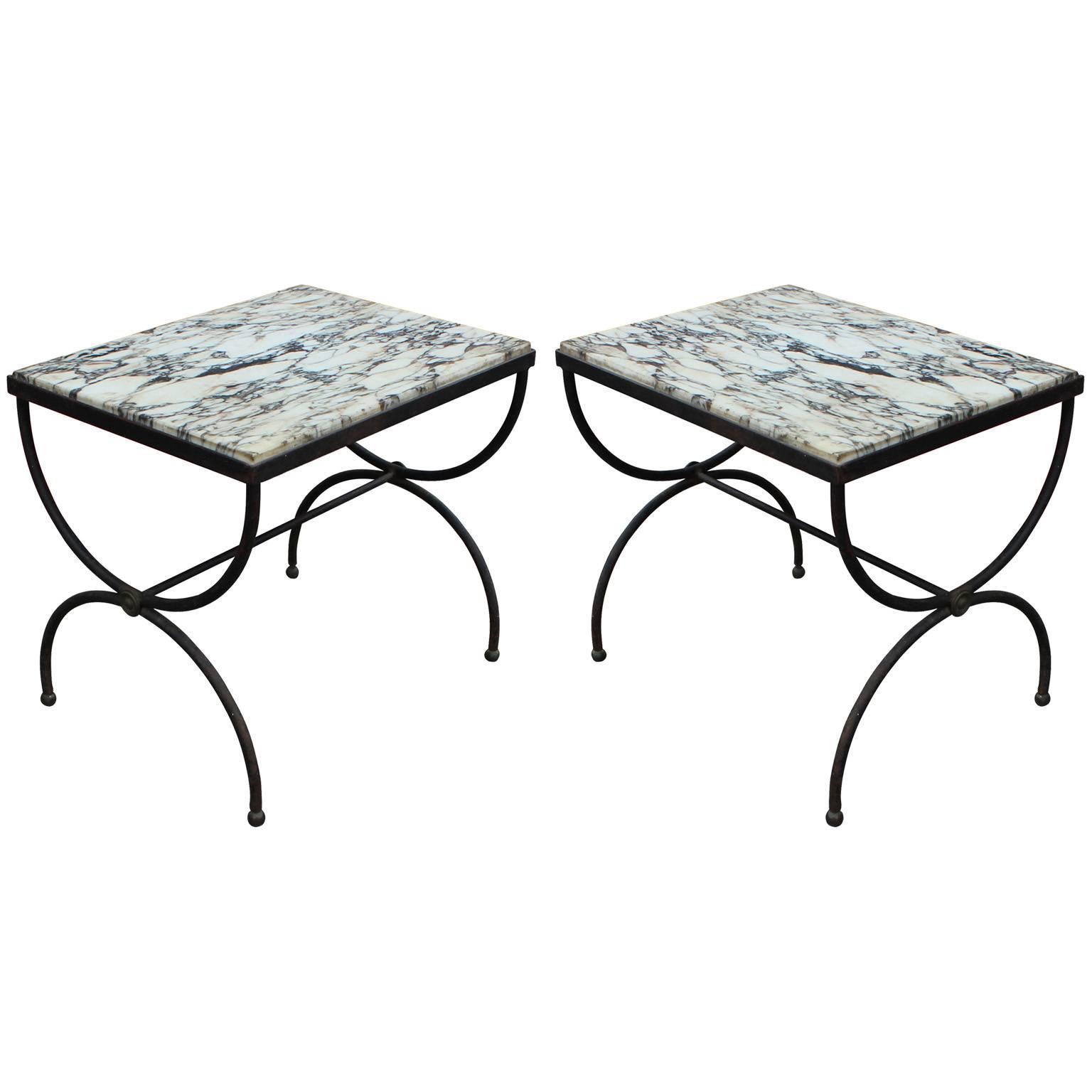 Lovely Pair of Wrought Iron and Marble Cerule Modern Side Tables