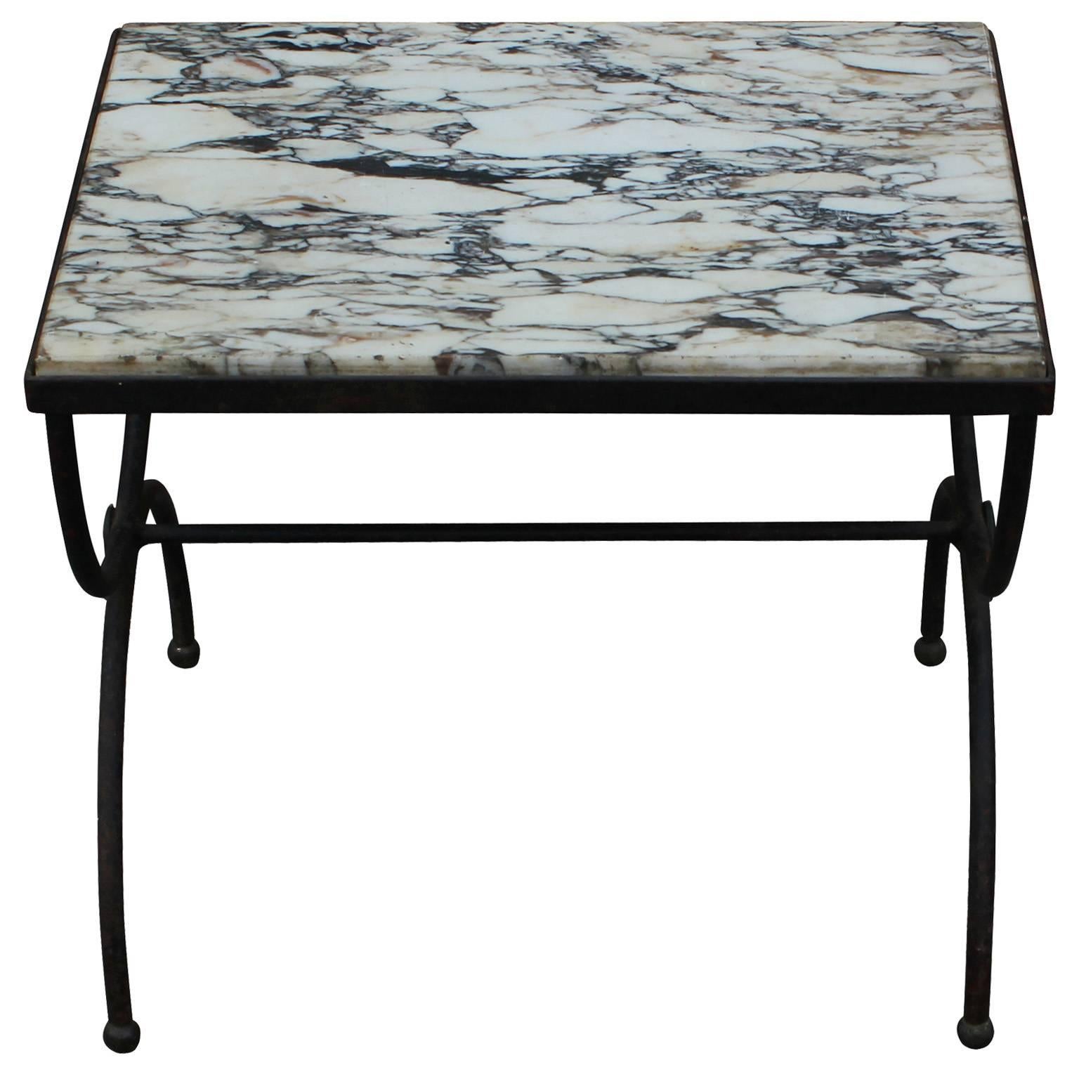French Lovely Pair of Wrought Iron and Marble Cerule Modern Side Tables