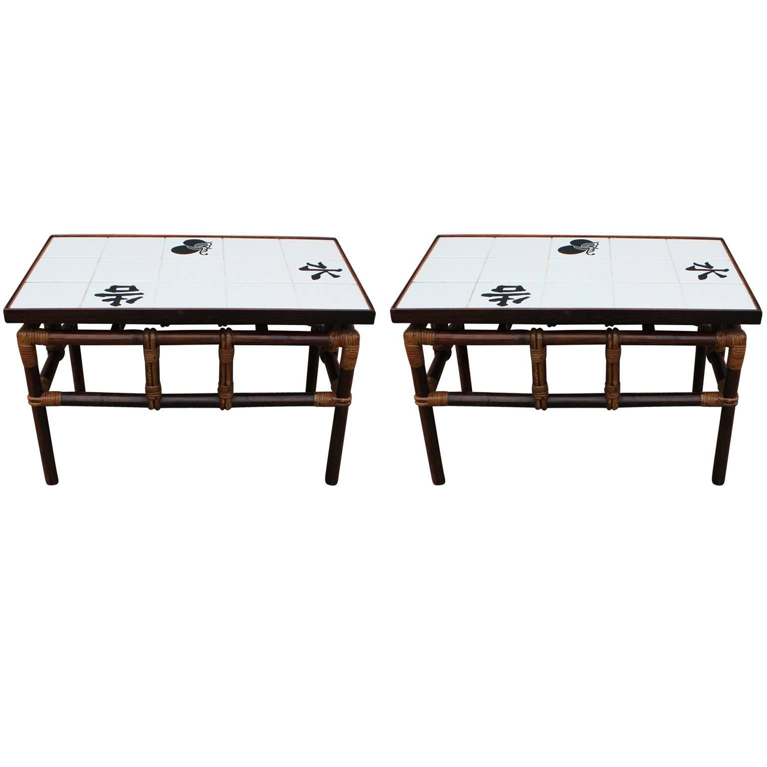 Excellent pair of ficks reed side tables. Tables have white tile tops and bamboo bases.