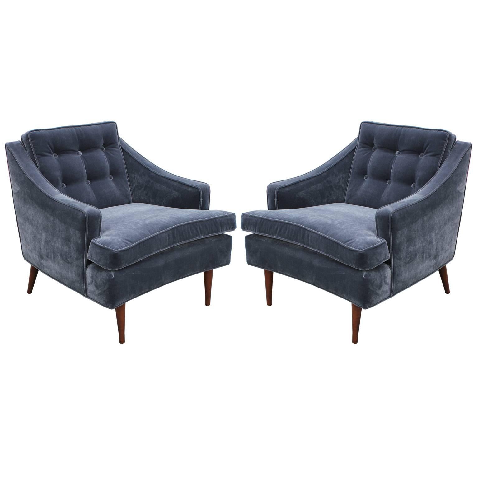 Wonderful Pair of Curved Grey Velvet Tufted Lounge Chairs