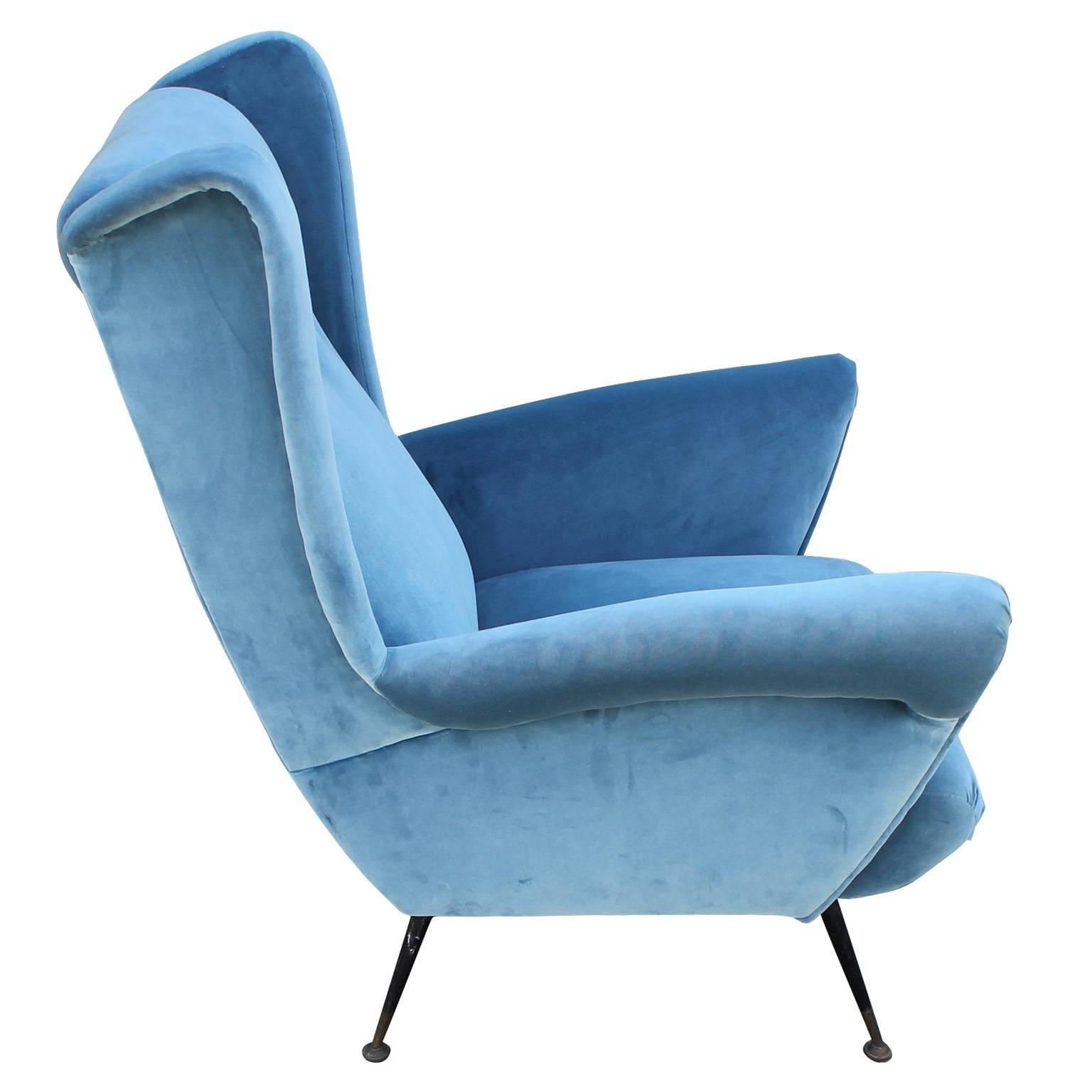 Mid-20th Century Fabulous Pair of Italian Wingback Lounge Chairs in Blue Velvet