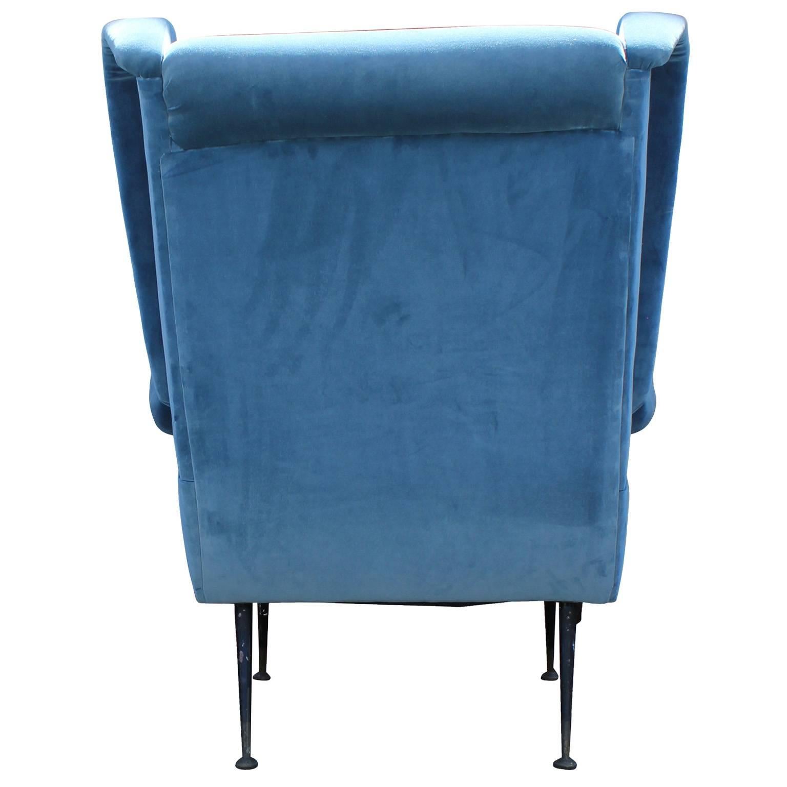 Fabulous Pair of Italian Wingback Lounge Chairs in Blue Velvet 1