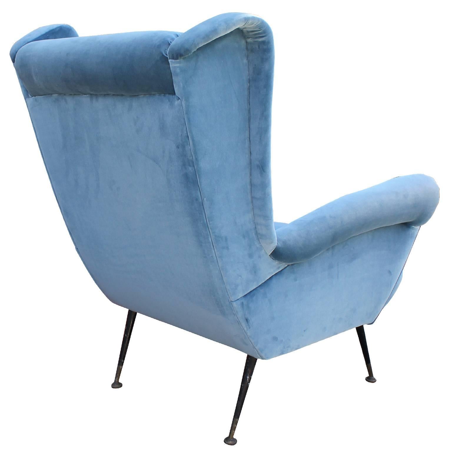 Brass Fabulous Pair of Italian Wingback Lounge Chairs in Blue Velvet