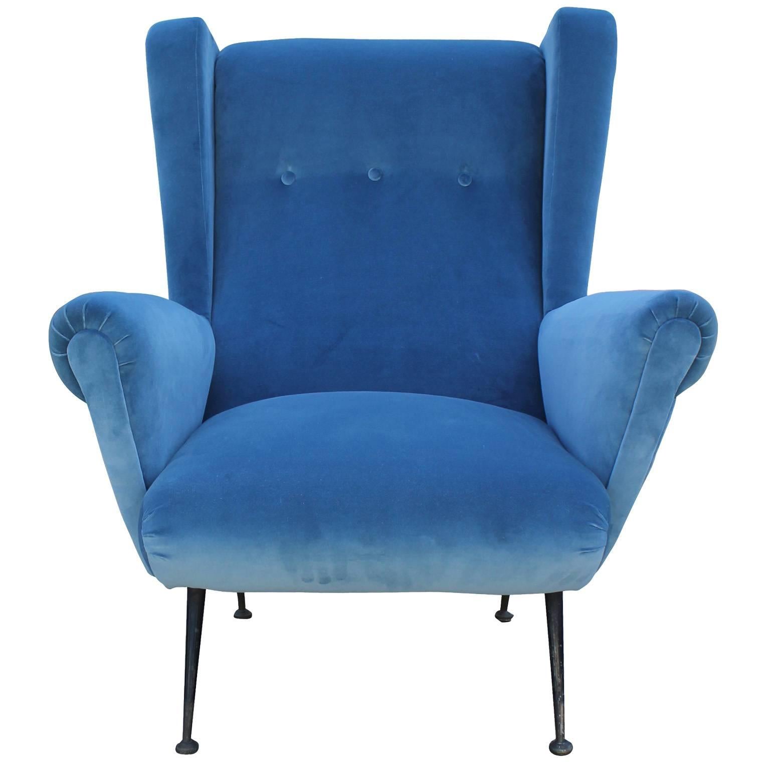 Mid-Century Modern Fabulous Pair of Italian Wingback Lounge Chairs in Blue Velvet