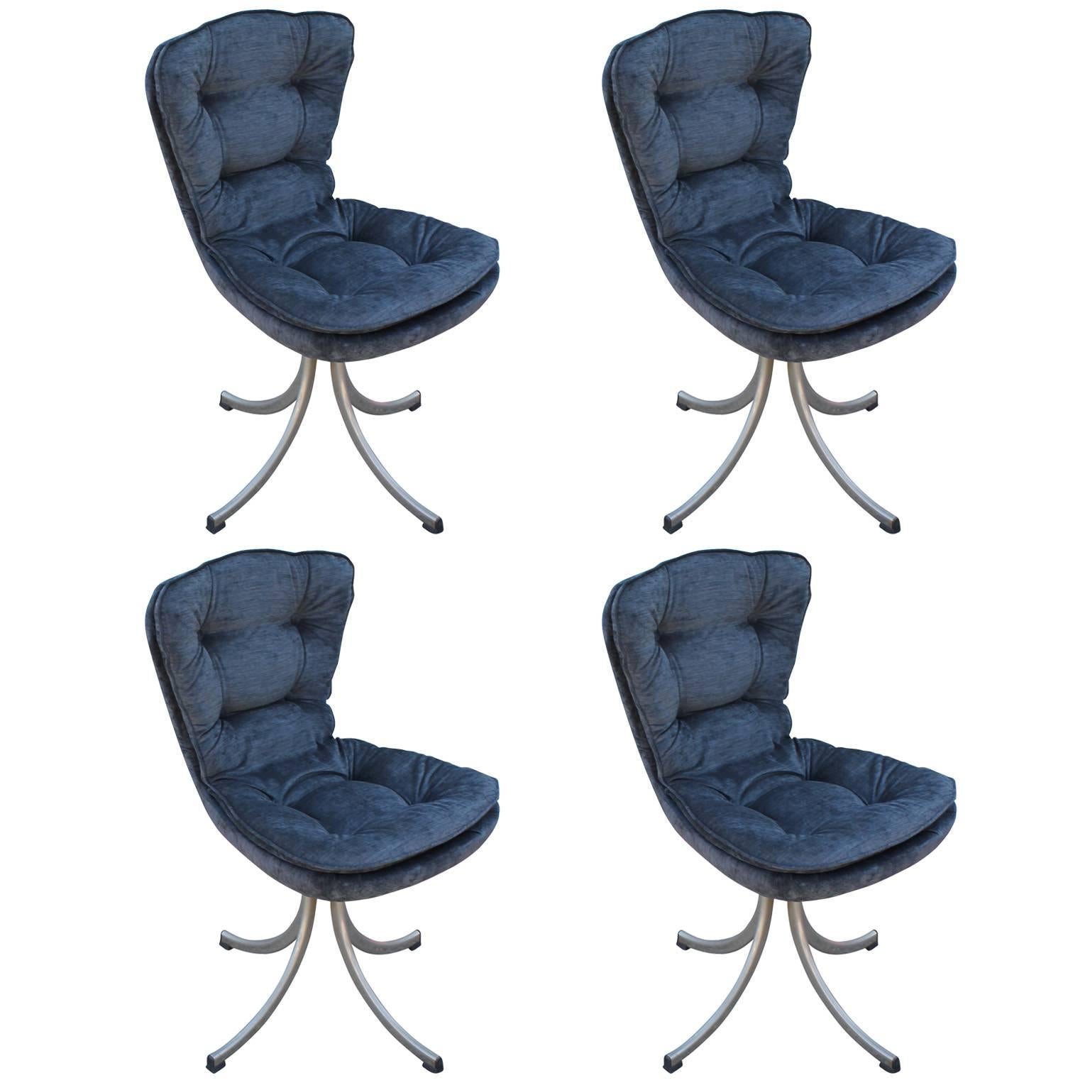 Stunning Set of Four Modern Swivel Tufted Dining Chairs in Charcoal Grey Velvet