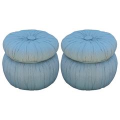 Vintage Charming Pair of Round Tufted Poufs or Ottomans