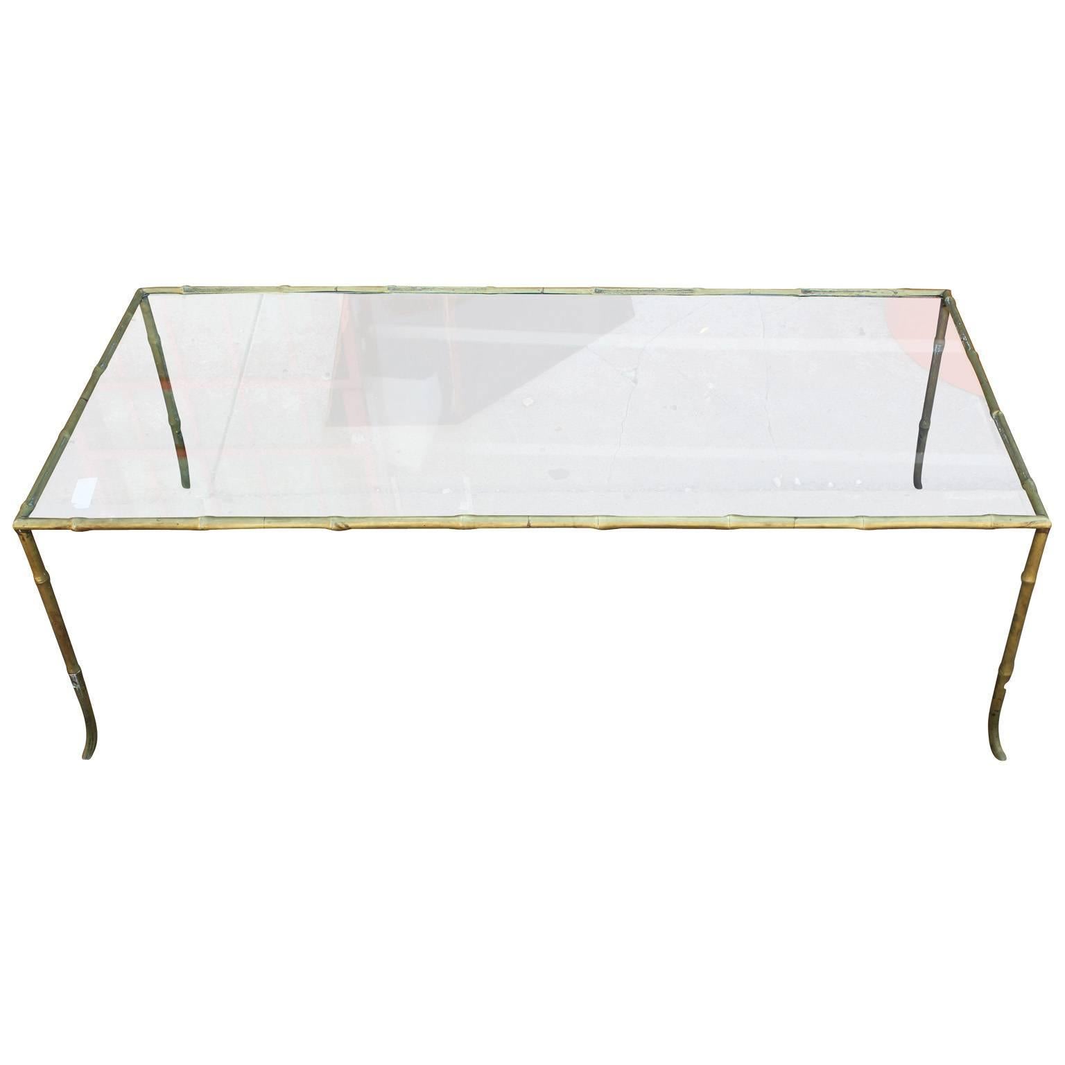 French Moder Brass and Glass Faux Bamboo Rectangular Coffee Table