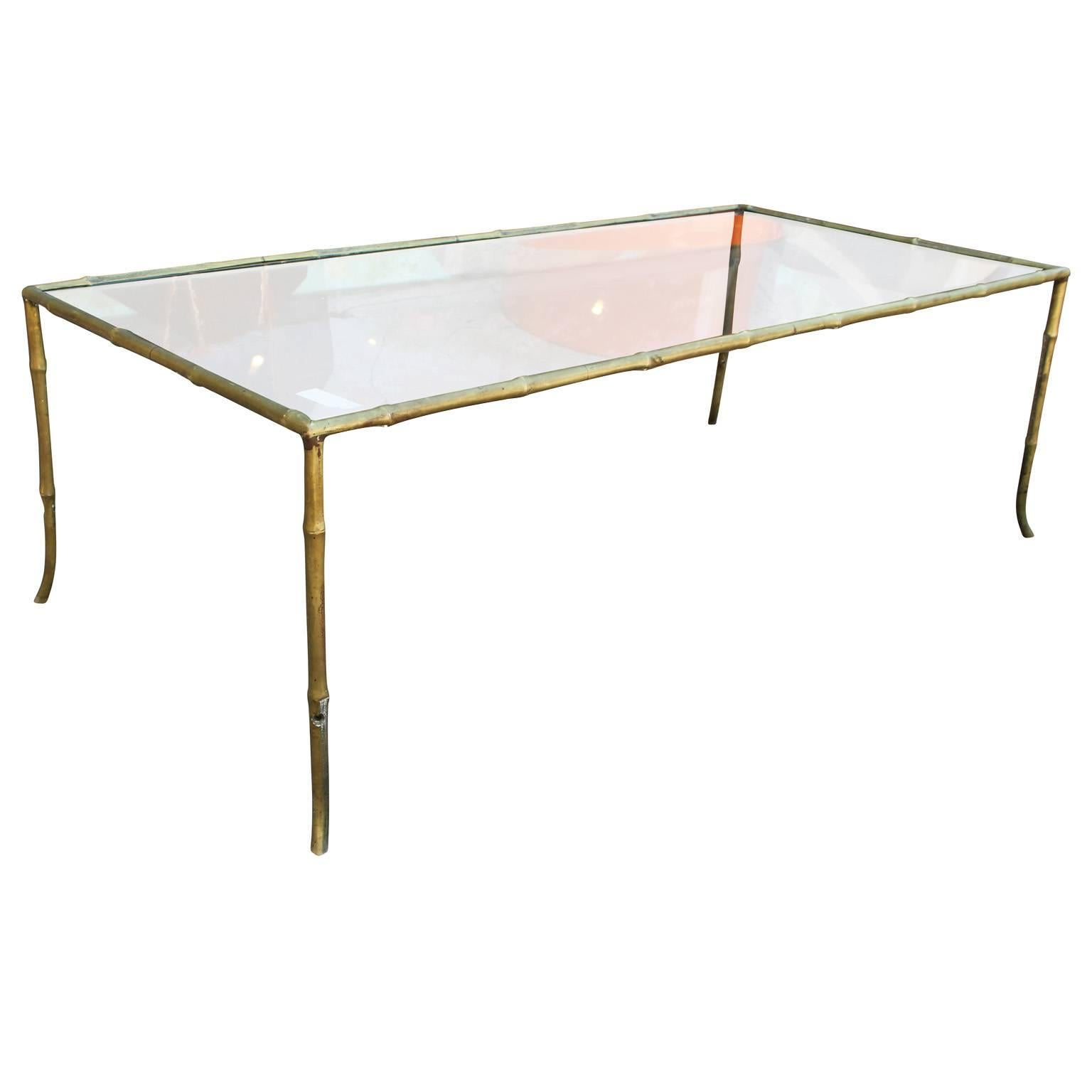 Hollywood Regency Moder Brass and Glass Faux Bamboo Rectangular Coffee Table
