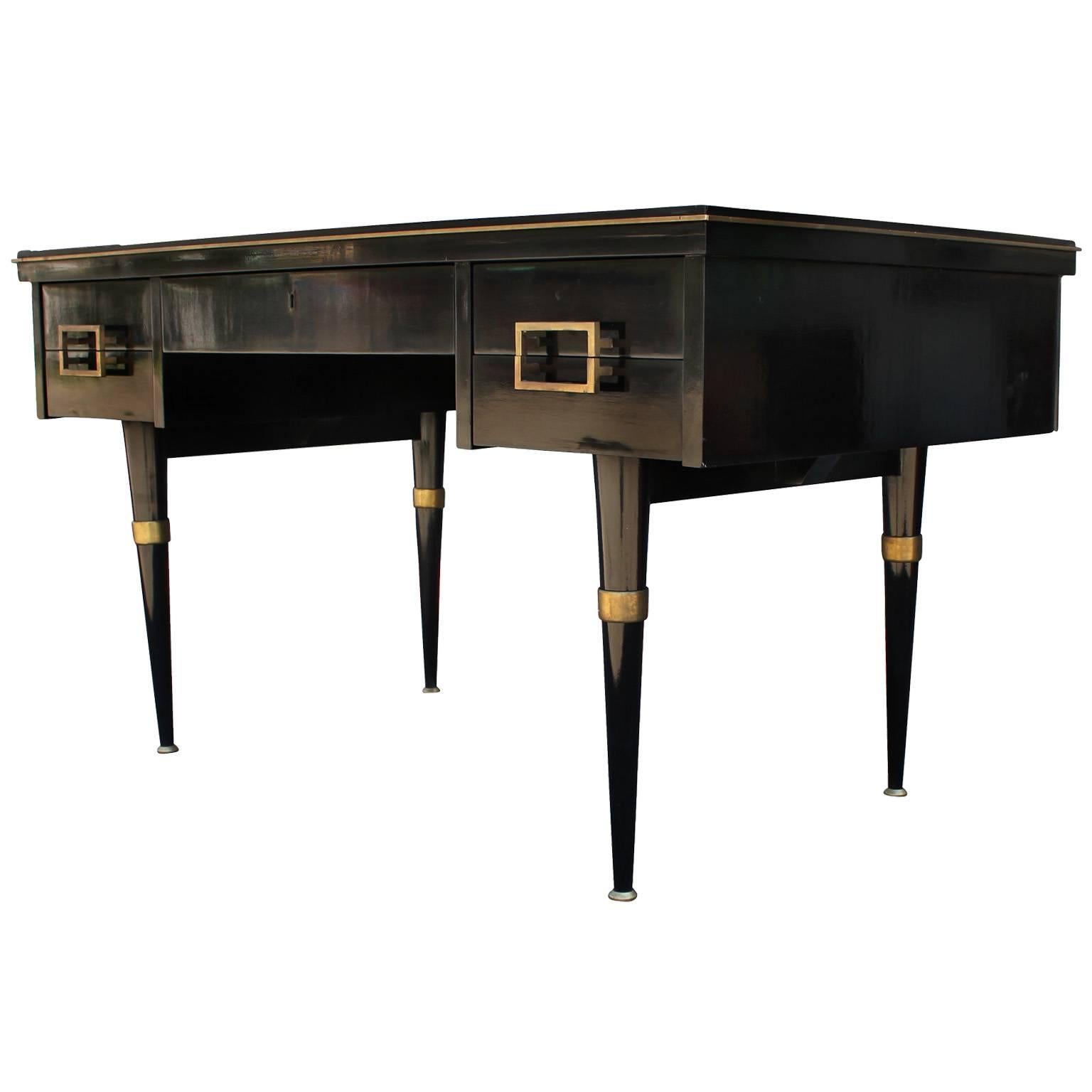 Argentine Modern Black Lacquer Executive Desk with Brass Accents and Green Writing Surface