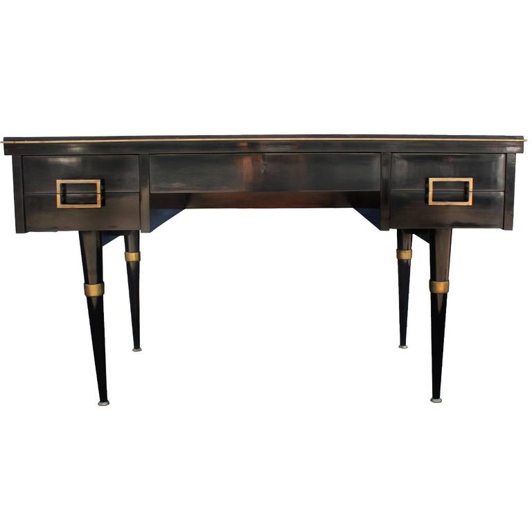 Modern Black Lacquer Executive Desk With Brass Accents And Green Dramatic Argentinean Executive Desk In Glossy Black Lacquer Is Accented Brass Hardware