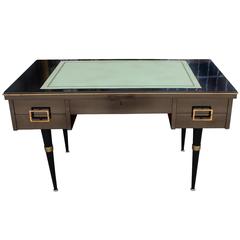 Modern Black Lacquer Executive Desk with Brass Accents and Green Writing Surface