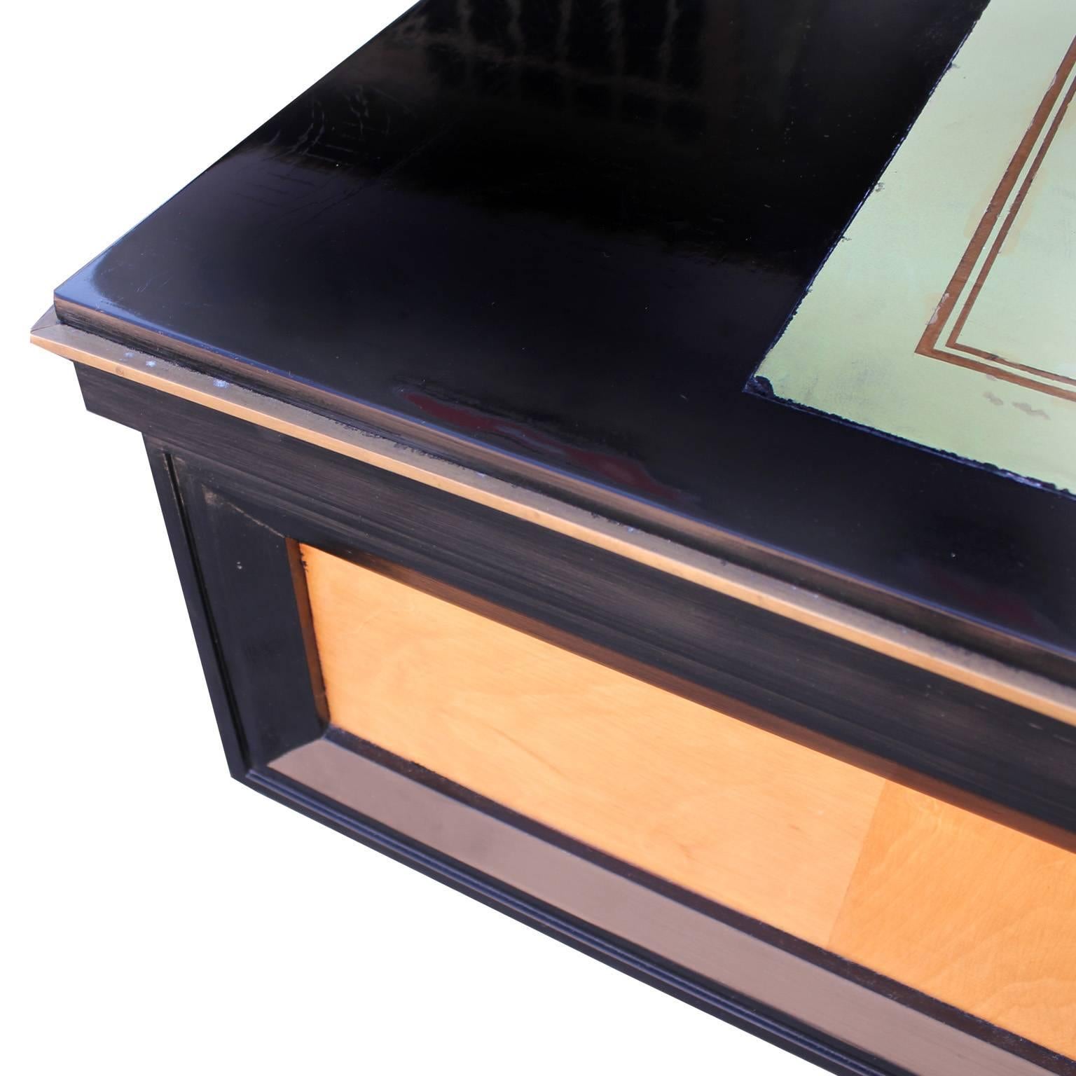 Modern Black Lacquer Executive Desk with Brass Accents and Green Writing Surface 1