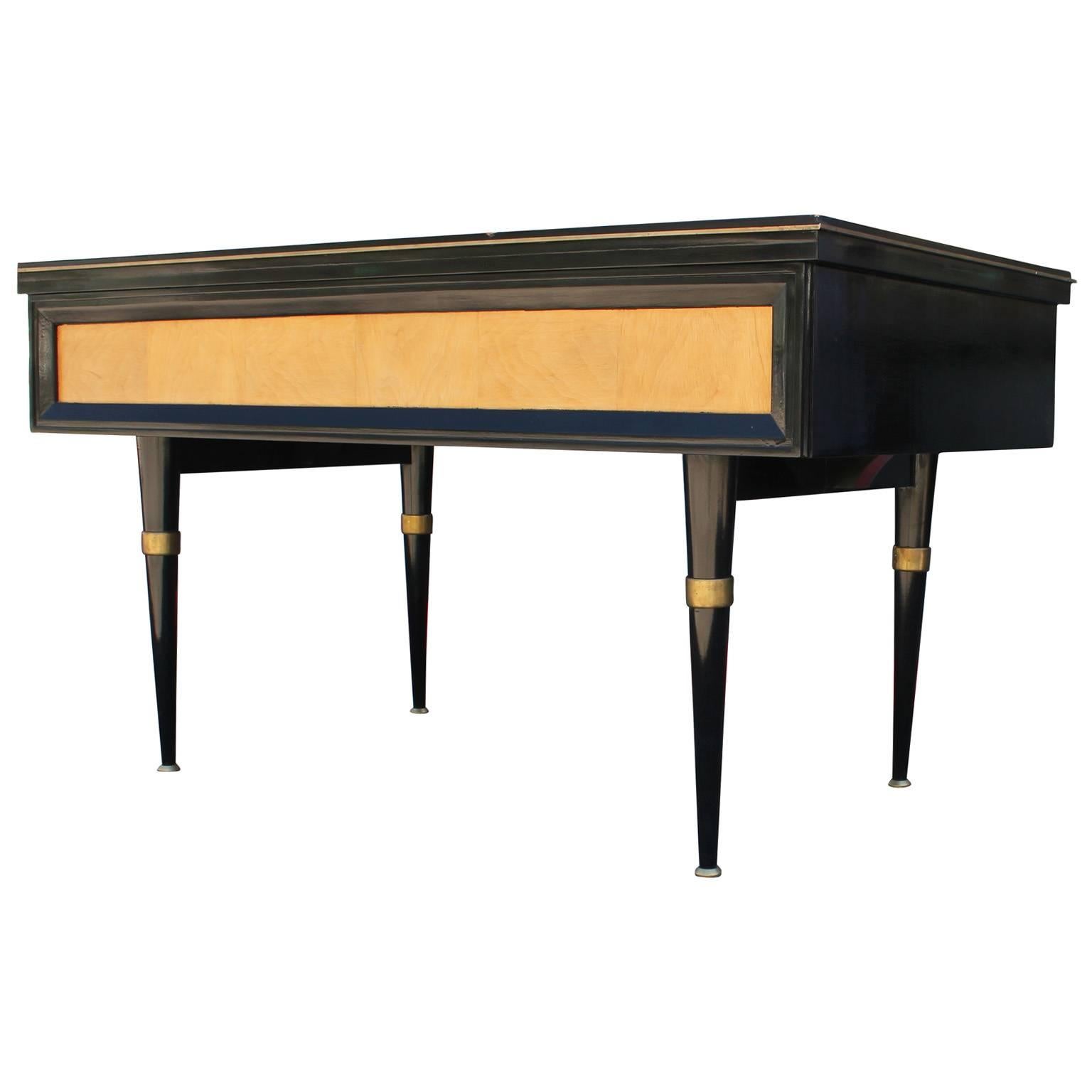 Mid-20th Century Modern Black Lacquer Executive Desk with Brass Accents and Green Writing Surface
