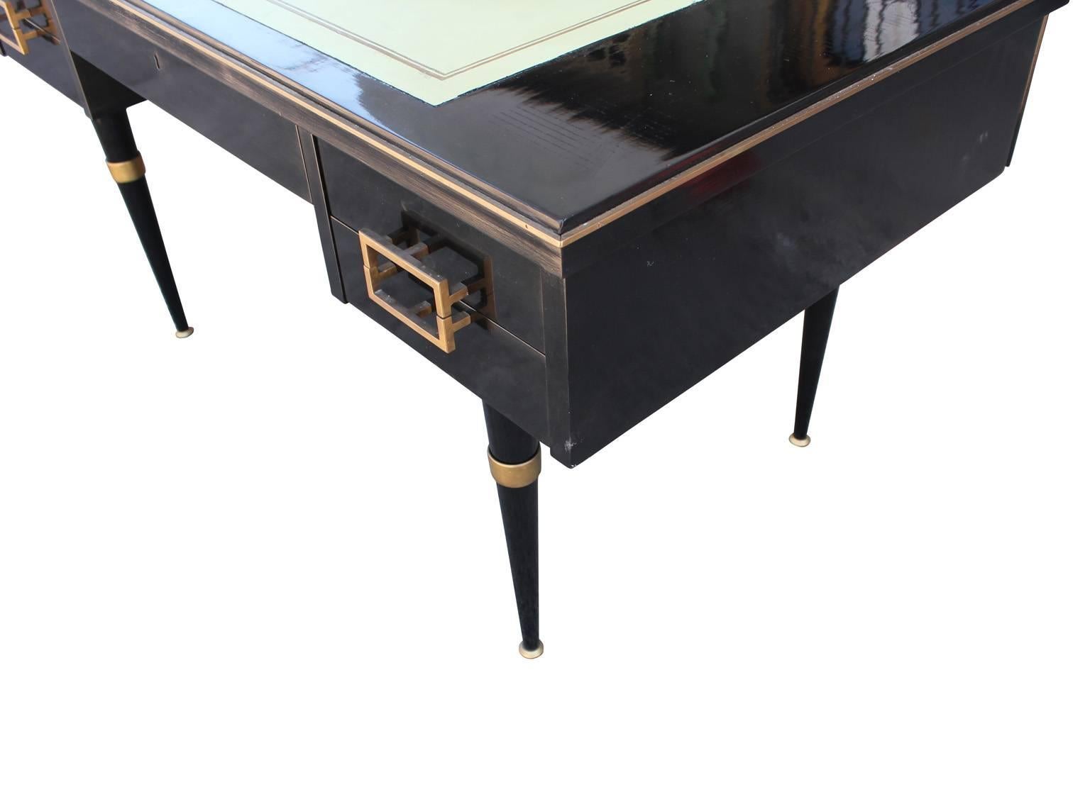 Modern Black Lacquer Executive Desk with Brass Accents and Green Writing Surface 2