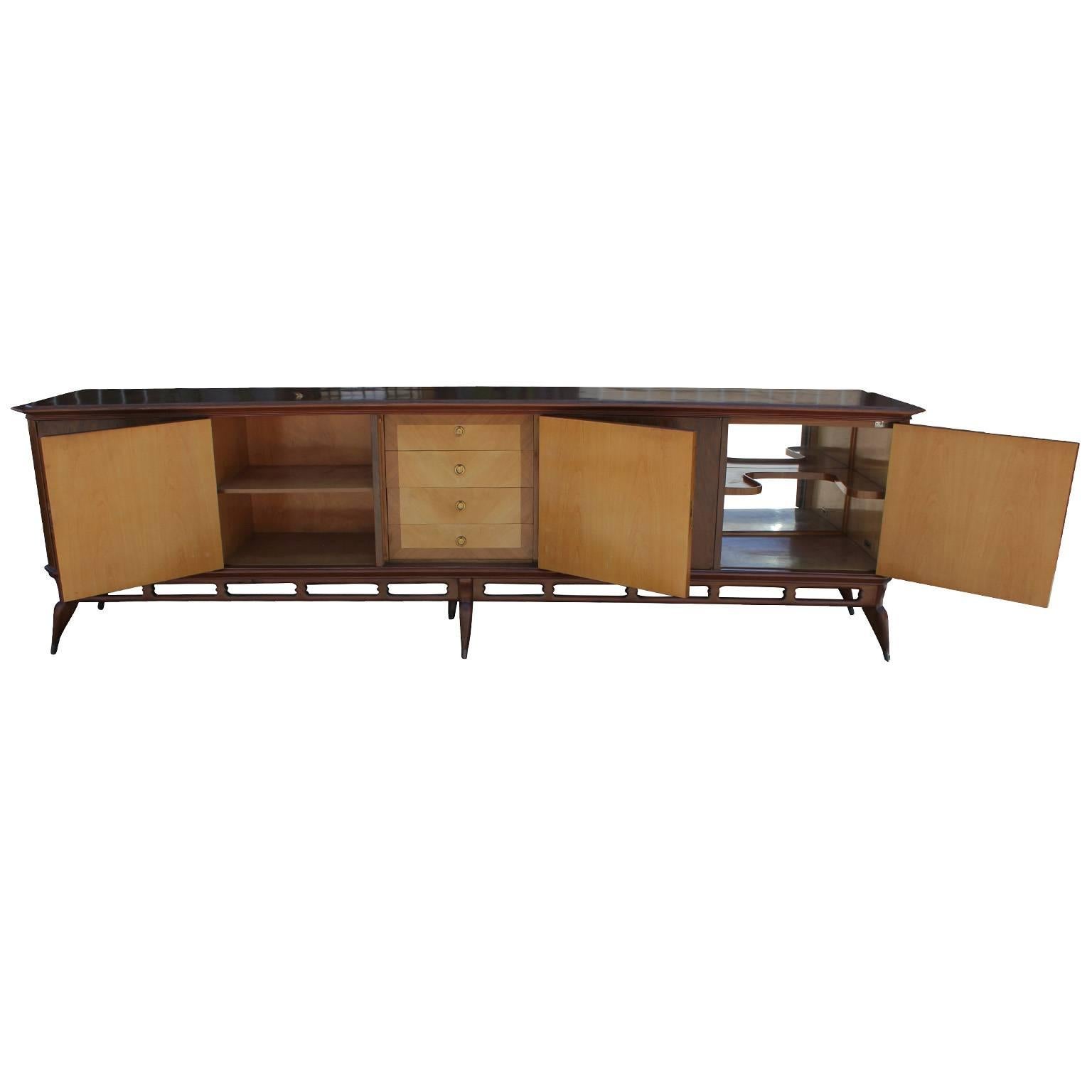 Large Modern Argentinian Mahogany Sideboard Credenza with Mirrored Bar Storage In Excellent Condition In Houston, TX