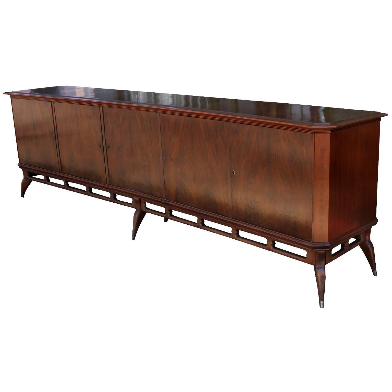 Hollywood Regency Large Modern Argentinian Mahogany Sideboard Credenza with Mirrored Bar Storage