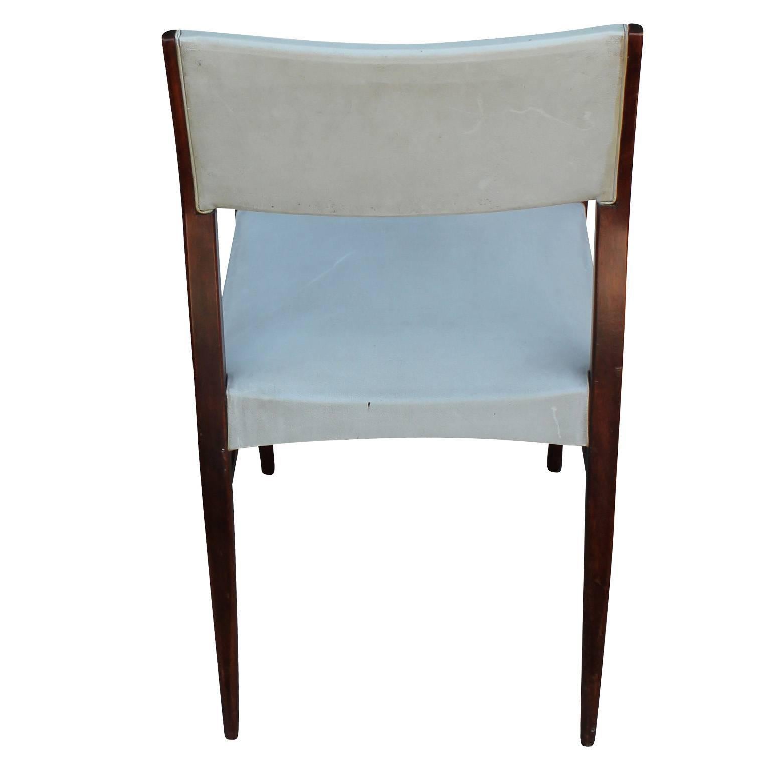 Set of Six Angular Italian Modern Dining Chairs in Grey Faux Leather and Walnut In Good Condition In Houston, TX