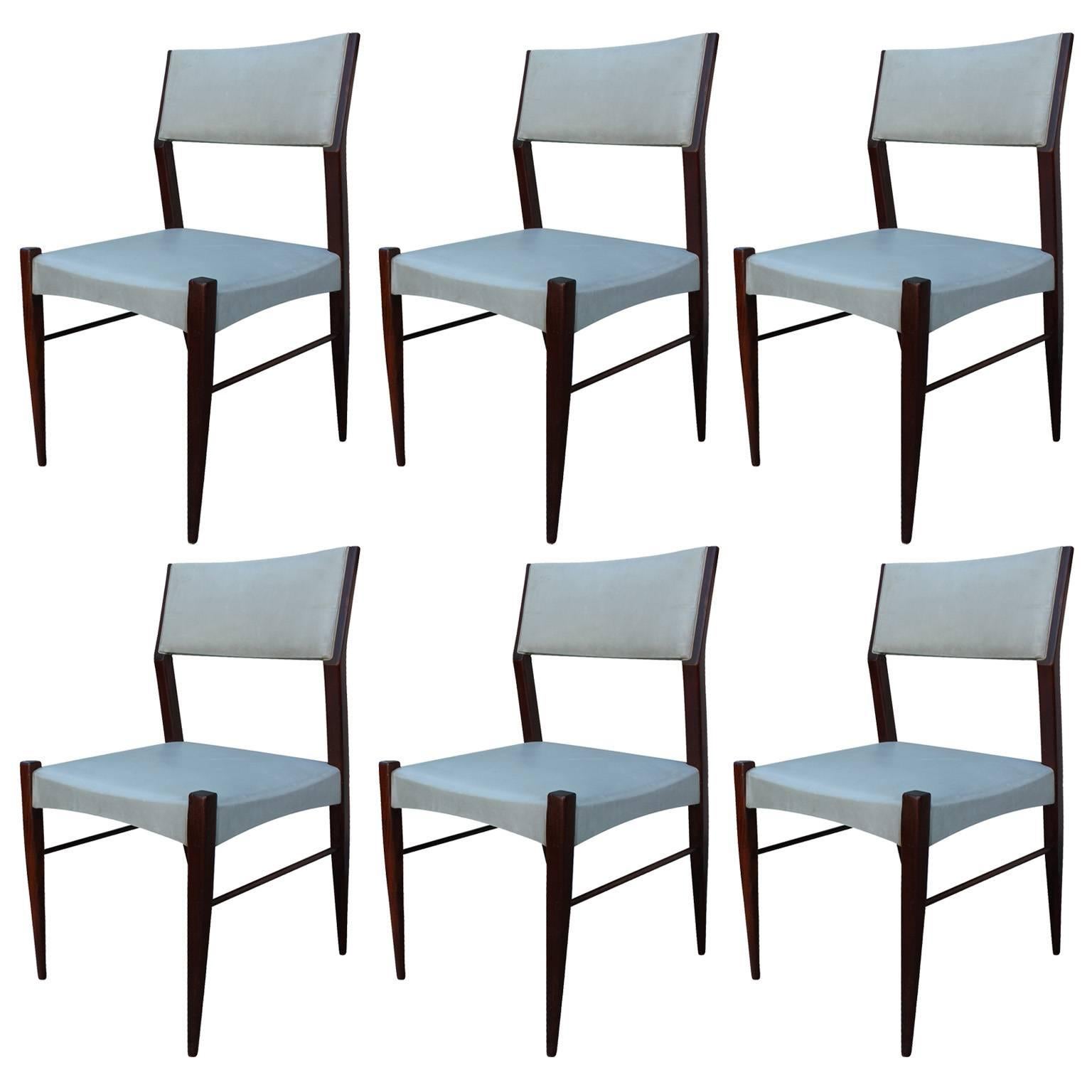 Set of Six Angular Italian Modern Dining Chairs in Grey Faux Leather and Walnut